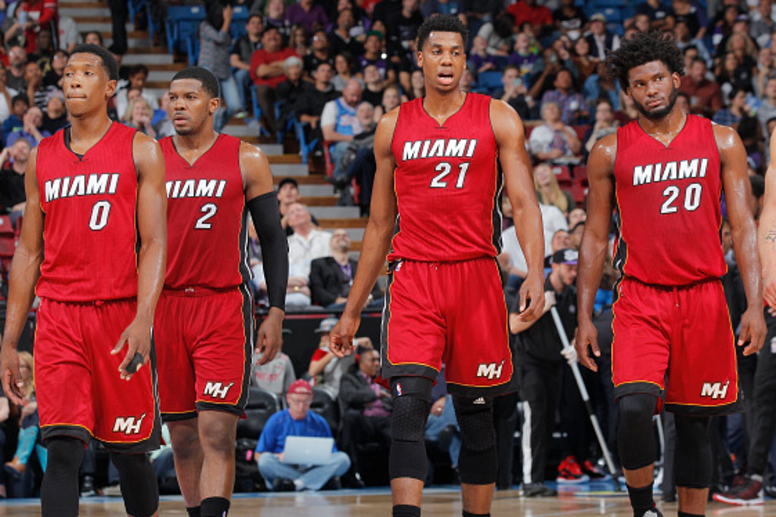 SACRAMENTO, CA - APRIL 1: Josh Richardson #0, Joe Johnson #2, Hassan Whiteside #21 and Justise Winslow #20 of the Miami Heat face off against the Sacramento Kings on April 1, 2016 at Sleep Train Arena in Sacramento, California. NOTE TO USER: User expressl