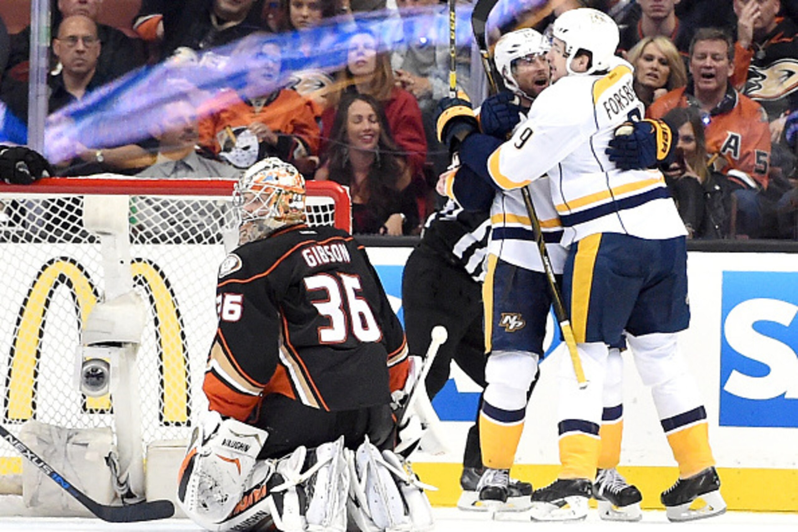 ANAHEIM, CA - APRIL 15:  Filip Forsberg #9 of the Nashville Predators celebrates his goal with Craig Smith #15 in front of John Gibson #36 of the Anaheim Ducks to take a 3-2 lead on way to a Predators win in Game One of the Western Conference Quarterfinal