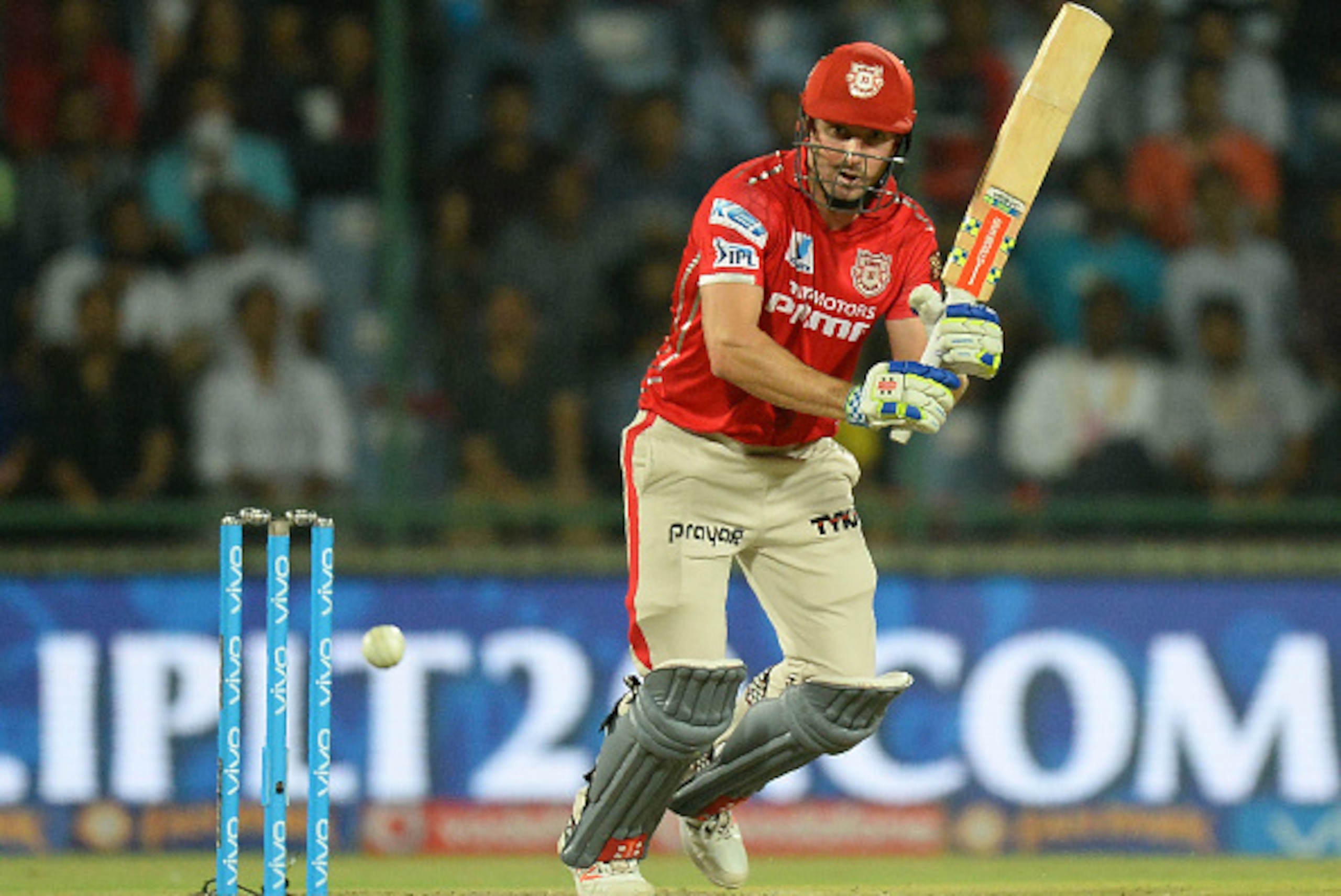 Kings XI Punjab batsman Shaun Marsh plays a shot during the 2016 Indian Premier League (IPL) Twenty20 cricket match between Delhi Daredevils and Kings XI Punjab at The Feroz Shah Kotla Cricket Stadium in New Delhi on April 15, 2016. ------IMAGE RESTRICTED