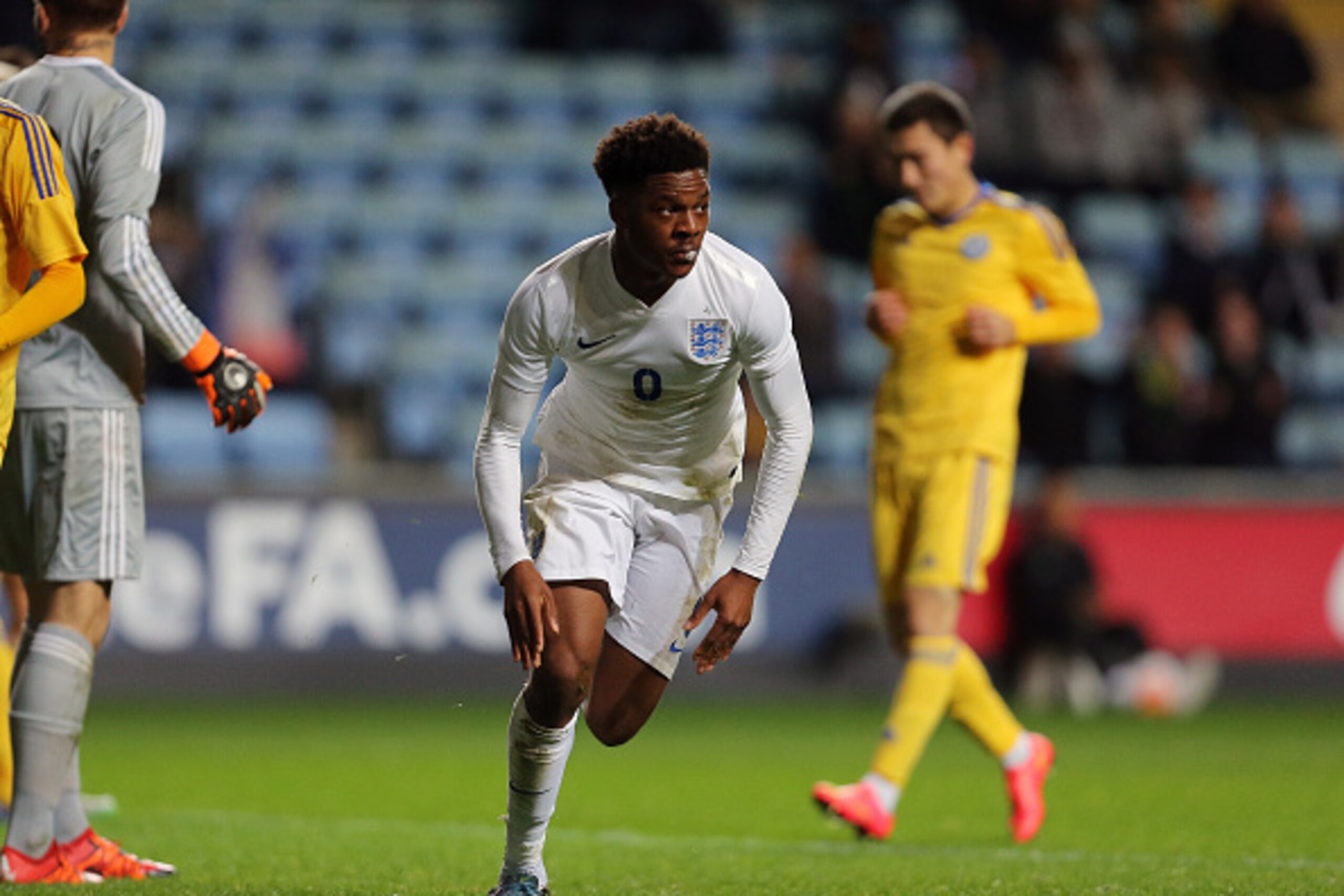 COVENTRY, ENGLAND - OCTOBER 13: Chuba Akpom of England U21 celebrates after scoring a goal to make it 3-0 during the European Under 21 Qualifier between England and Kazakhstan at Ricoh Arena on October 13, 2015 in Coventry, England. (Photo by James Bayl COVENTRY, ENGLAND - OCTOBER 13: Chuba Akpom of England U21 celebrates after scoring a goal to make it 3-0 during the European Under 21 Qualifier between England and Kazakhstan at Ricoh Arena on October 13, 2015 in Coventry, England. (Photo by James Bayl