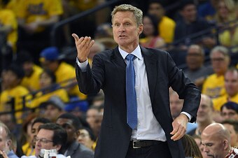 OAKLAND, CA - APRIL 16:  Head coach Steve Kerr of the Golden State Warriors reacts to the play of his team against the Houston Rockets in the fourth quarter in Game One of the Western Conference Quarterfinals during the 2016 NBA Playoffs at ORACLE Arena o