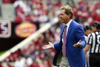 Apr 16, 2016; Tuscaloosa, AL, USA; Alabama Crimson Tide head coach Nick Saban gestures toward Julio Jones (not shown) during the annual A-day game at Bryant-Denny Stadium. Mandatory Credit: Marvin Gentry-USA TODAY Sports