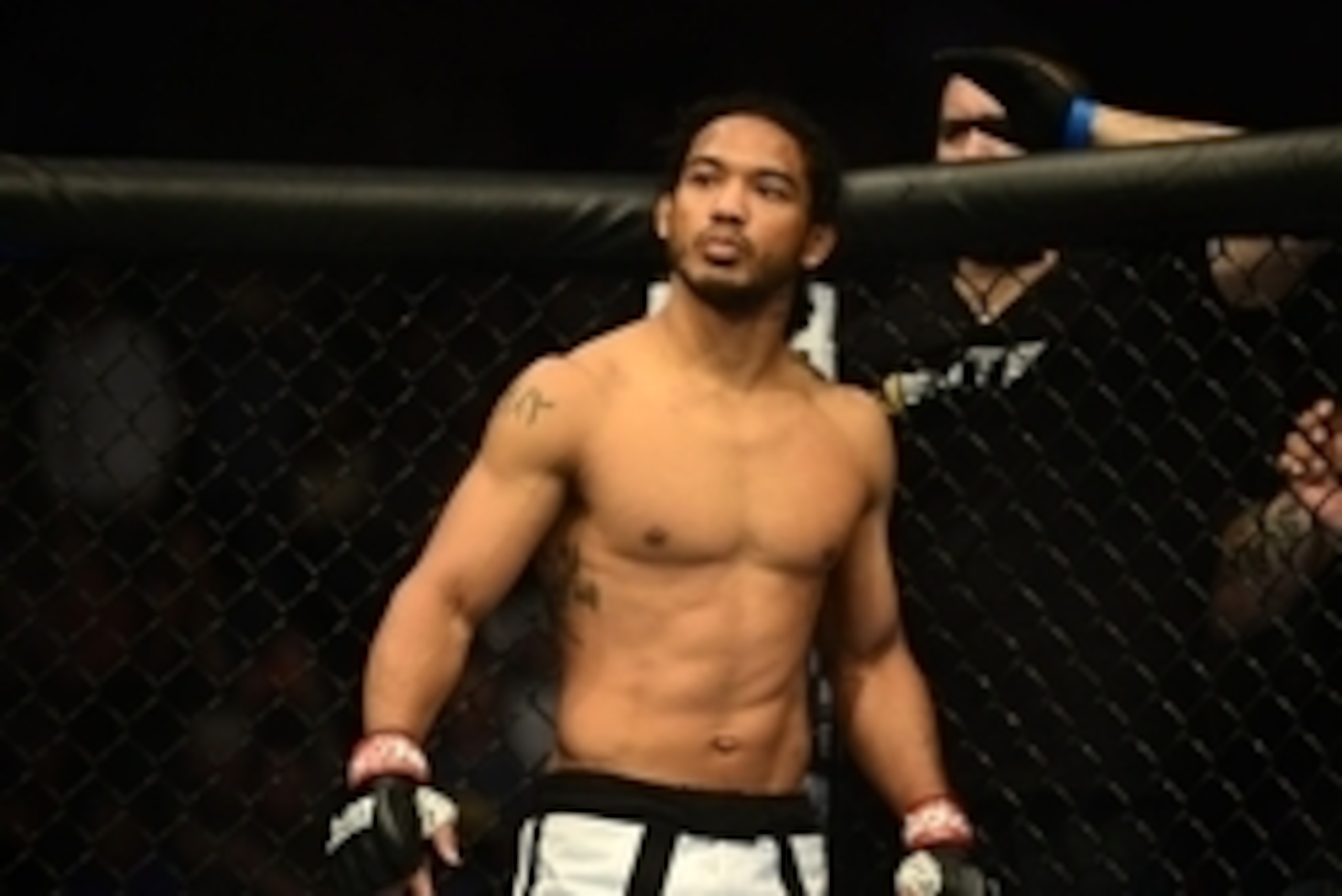 Feb 14, 2015; Broomfield, CO, USA; Benson Henderson (red) before the fight against Brandon Thatch (not pictured) in the welterweight bout at the UFC Fight Night at the 1stBANK Center. Mandatory Credit: Ron Chenoy-USA TODAY Sports