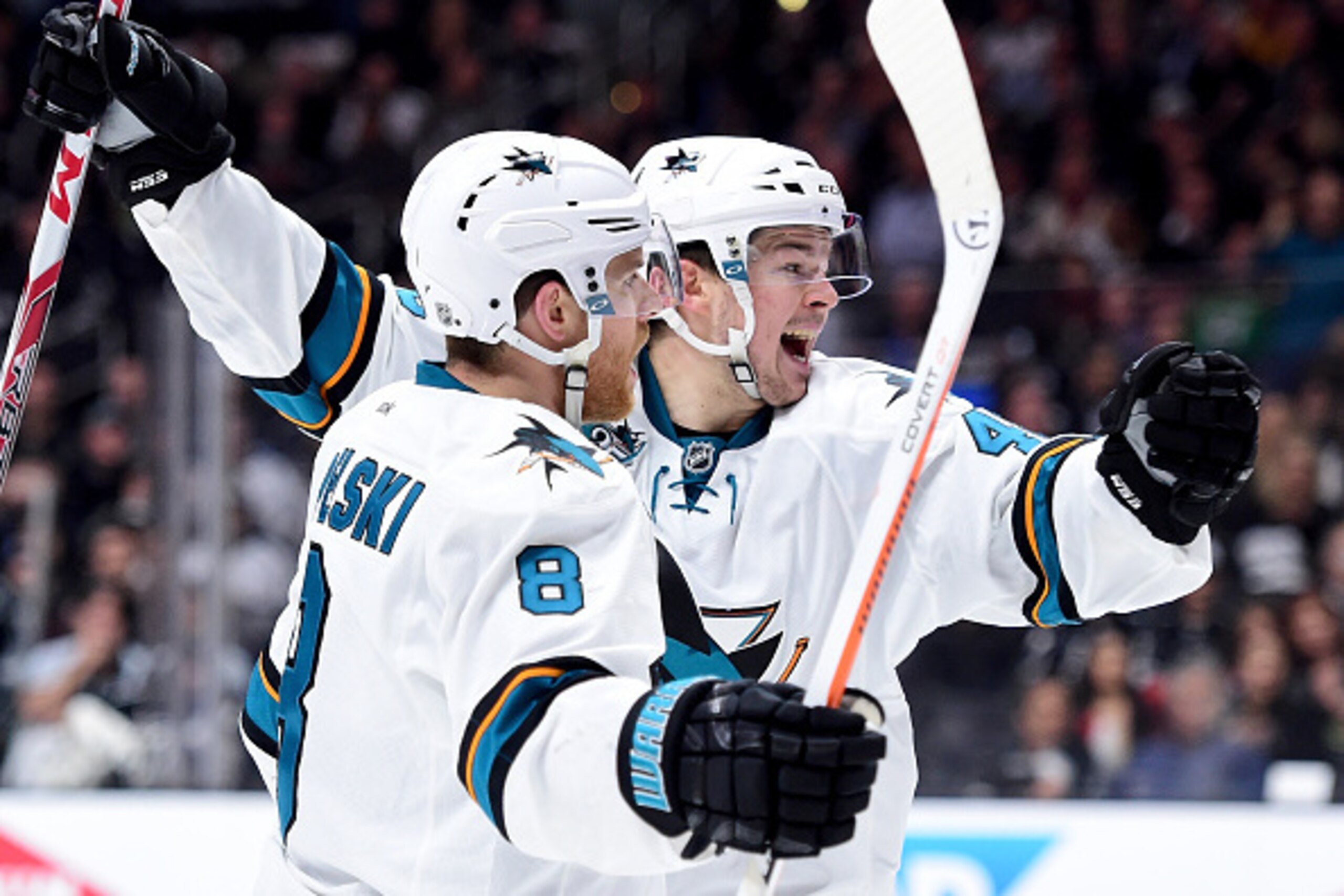 LOS ANGELES, CA - APRIL 14: Joe Pavelski #8 of the San Jose Sharks celebrates his goal with Tomas Hertl #48 ato take a 4-3 lead during the third period of a 4-3 Sharks win in Game One of the Western Conference Quarterfinals during the 2015 NHL Stanley Cu LOS ANGELES, CA - APRIL 14: Joe Pavelski #8 of the San Jose Sharks celebrates his goal with Tomas Hertl #48 ato take a 4-3 lead during the third period of a 4-3 Sharks win in Game One of the Western Conference Quarterfinals during the 2015 NHL Stanley Cu