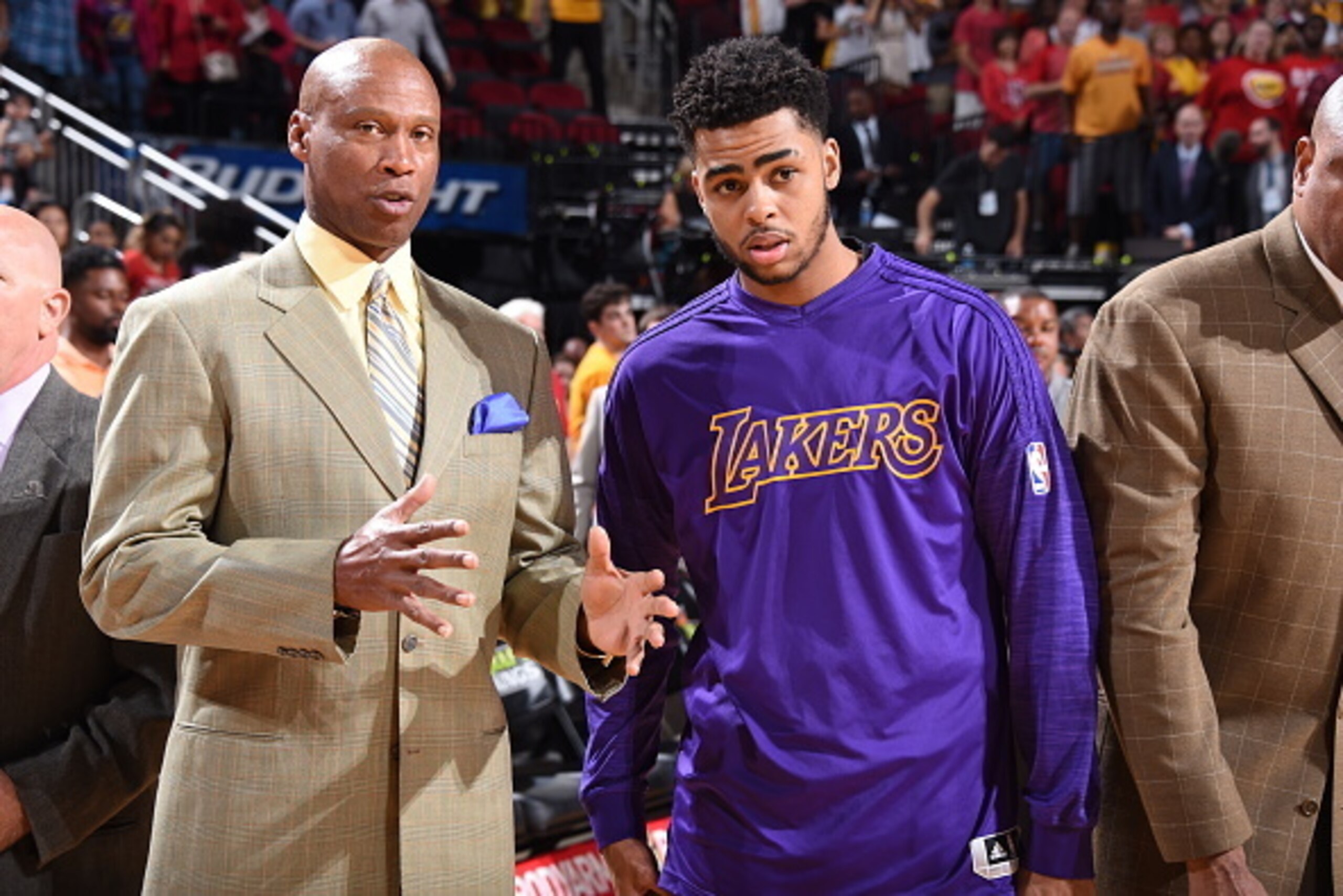 HOUSTON, TX - APRIL 10:  Head coach Byron Scott of the Los Angeles Lakers and D'Angelo Russell #1 of the Los Angeles Lakers talk before the game against the Houston Rockets on April 10, 2016 at the Toyota Center in Houston, Texas. NOTE TO USER: User expre