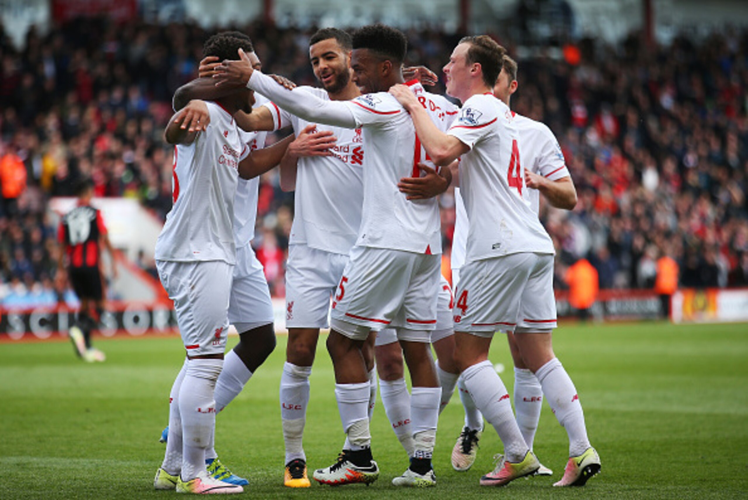 BOURNEMOUTH, ENGLAND - APRIL 17:  Daniel Sturridge of Liverpool celebrates with team mates after scoring his team's second goal of the game during the Barclays Premier League match between A.F.C. Bournemouth and Liverpool at the Vitality Stadium on April 