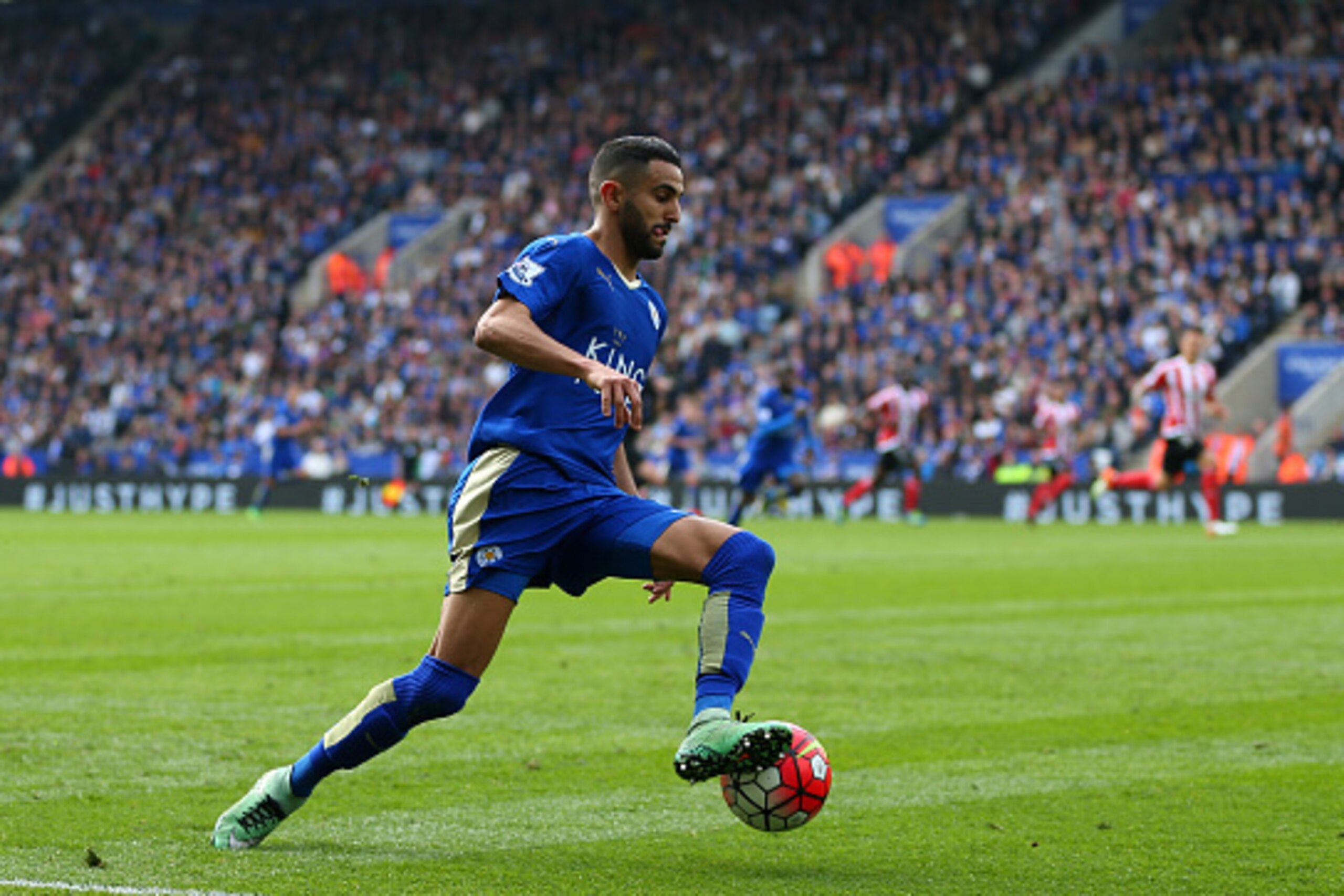 LEICESTER, ENGLAND - APRIL 03: Riyad Mahrez of Leicester City during the Barclays Premier League match between Leicester City and Southampton at The King Power Stadium on April 3, 2016 in Leicester, England. (Photo by Catherine Ivill - AMA/Getty Images)