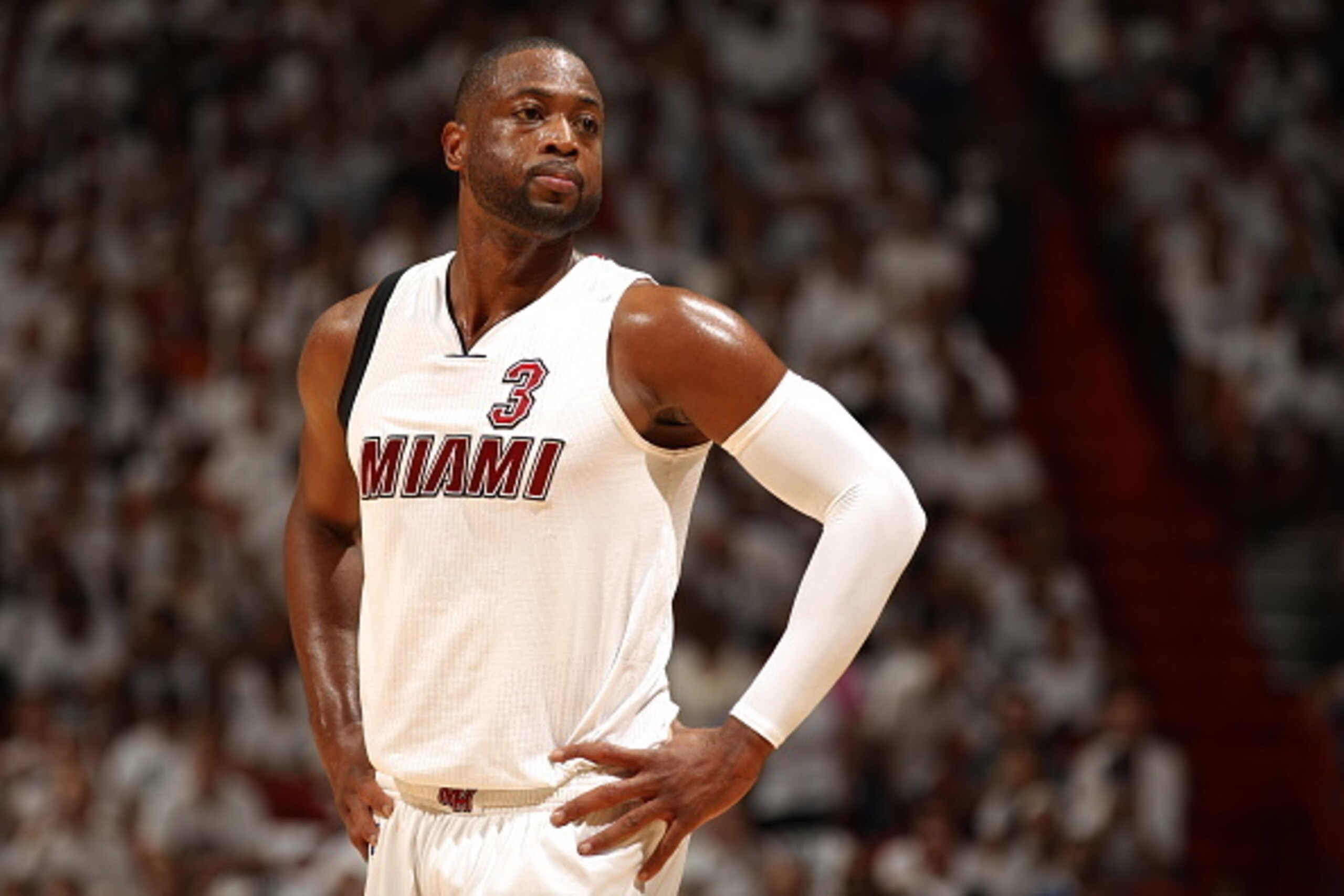 MIAMI, FL - APRIL 17: Dwyane Wade #3 of the Miami Heat during Game One of the Eastern Conference Quarterfinals of the 2016 NBA Playoffs against the Charlotte Hornets on April 17, 2016 at American Airlines Arena in Miami, Florida. NOTE TO USER: User expre MIAMI, FL - APRIL 17: Dwyane Wade #3 of the Miami Heat during Game One of the Eastern Conference Quarterfinals of the 2016 NBA Playoffs against the Charlotte Hornets on April 17, 2016 at American Airlines Arena in Miami, Florida. NOTE TO USER: User expre