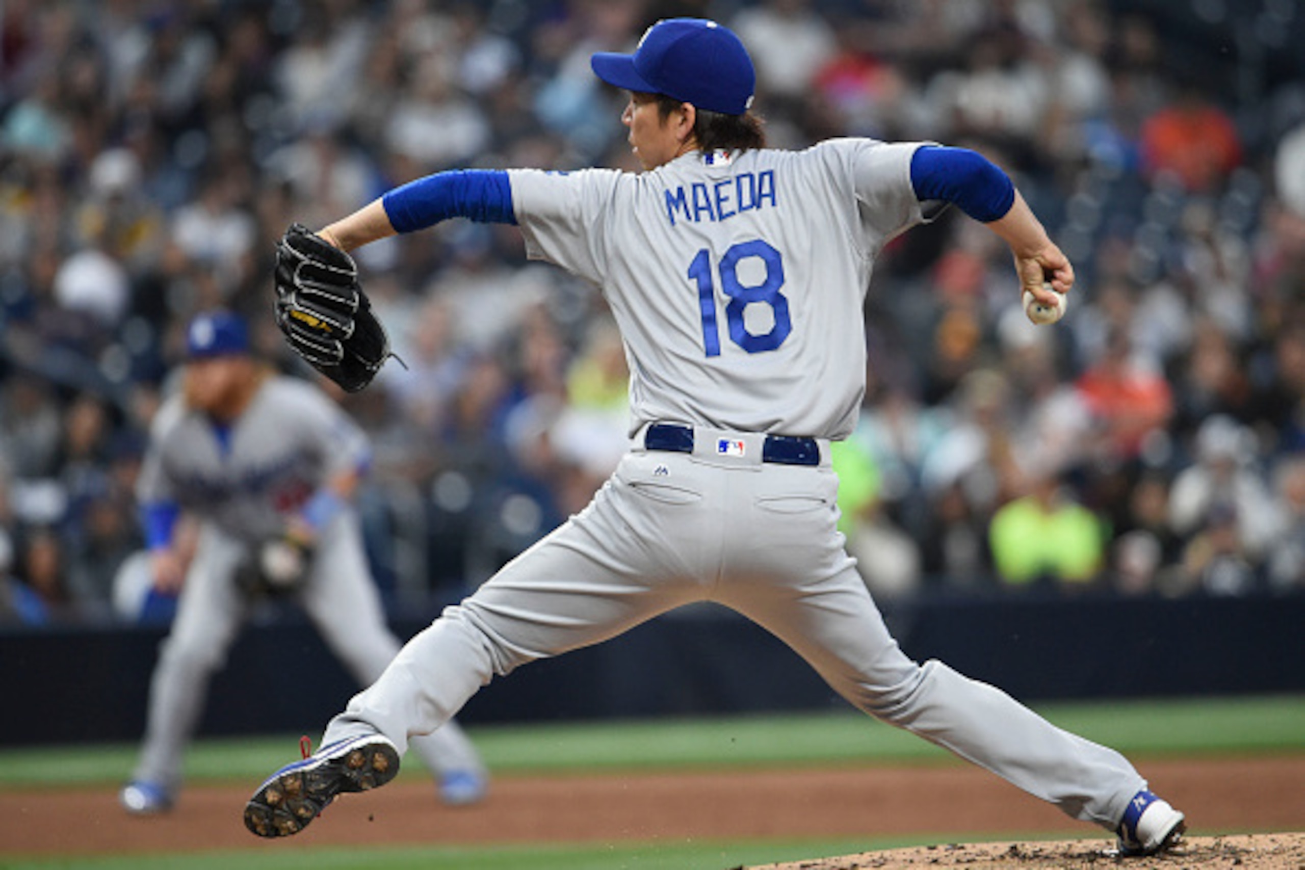 SAN DIEGO, CALIFORNIA - APRIL 06: Kenta Maeda #18 of the Los Angeles Dodgers pitches during the third inning of a baseball game against the San Diego Padres at PETCO Park on April 6, 2016 in San Diego, California. (Photo by Denis Poroy/Getty Images) SAN DIEGO, CALIFORNIA - APRIL 06: Kenta Maeda #18 of the Los Angeles Dodgers pitches during the third inning of a baseball game against the San Diego Padres at PETCO Park on April 6, 2016 in San Diego, California. (Photo by Denis Poroy/Getty Images)
