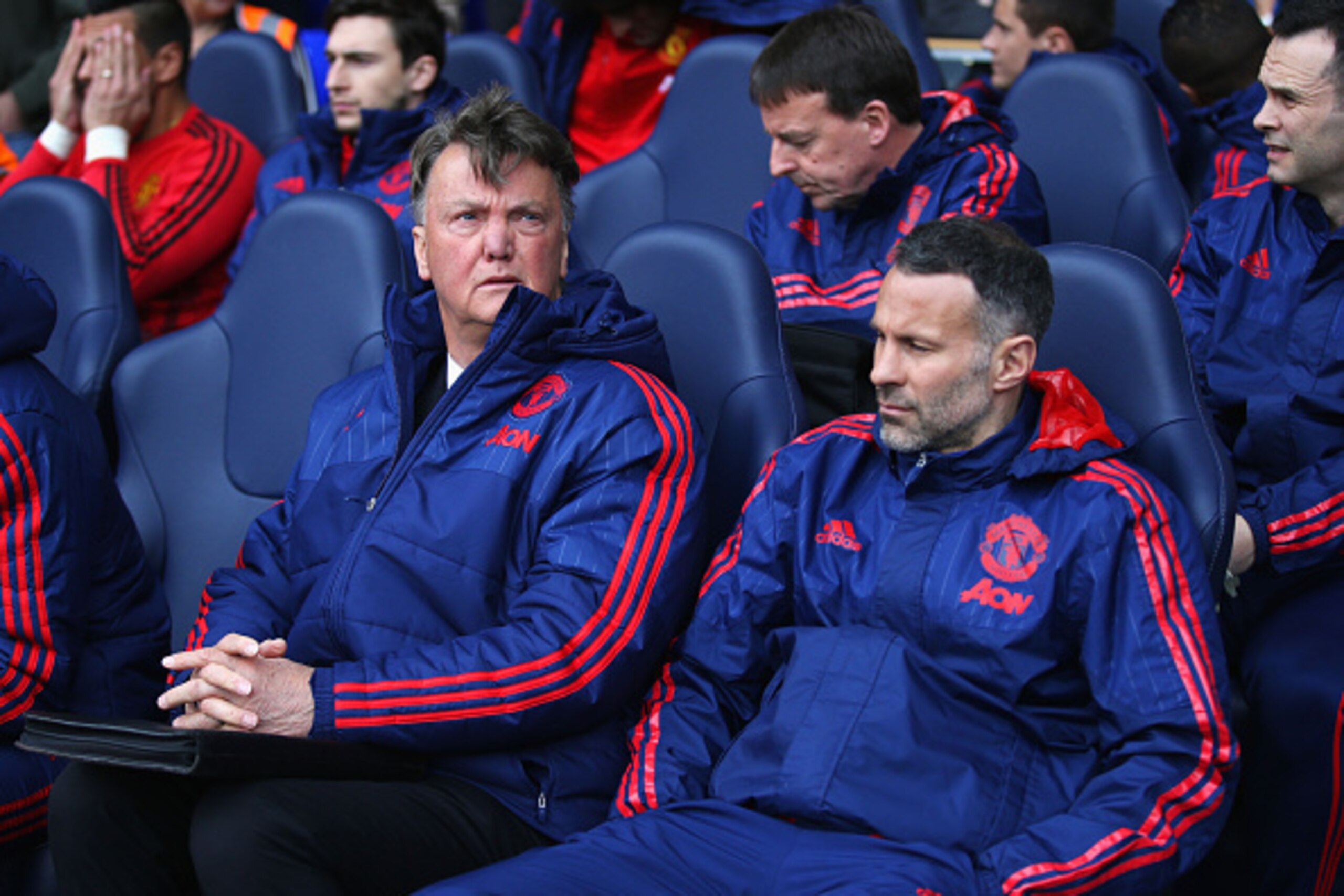 LONDON, ENGLAND - APRIL 10:  Louis van Gaal manager of Manchester United and Ryan Giggs assistant manager of Manchester United look on prior to the Barclays Premier League match between Tottenham Hotspur and Manchester United at White Hart Lane on April 1