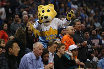 DENVER, CO - APRIL 5:  Mascot Rocky leads the fans as they support the Denver Nuggets against the Oklahoma City Thunder at Pepsi Center on April 5, 2016 in Denver, Colorado. The Thunder defeated the Nuggets 124-102. NOTE TO USER: User expressly acknowledg