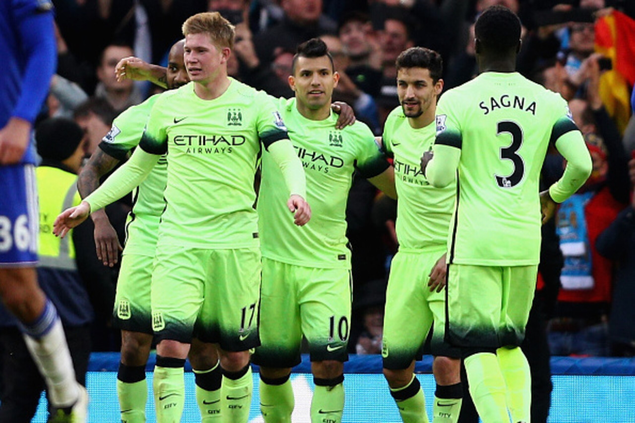 LONDON, ENGLAND - APRIL 16:  Sergio Aguero of Manchester City celebrates with team mates after scoring his third goal during the Barclays Premier League match between Chelsea and Manchester City at Stamford Bridge on April 16, 2016 in London, England.  (P