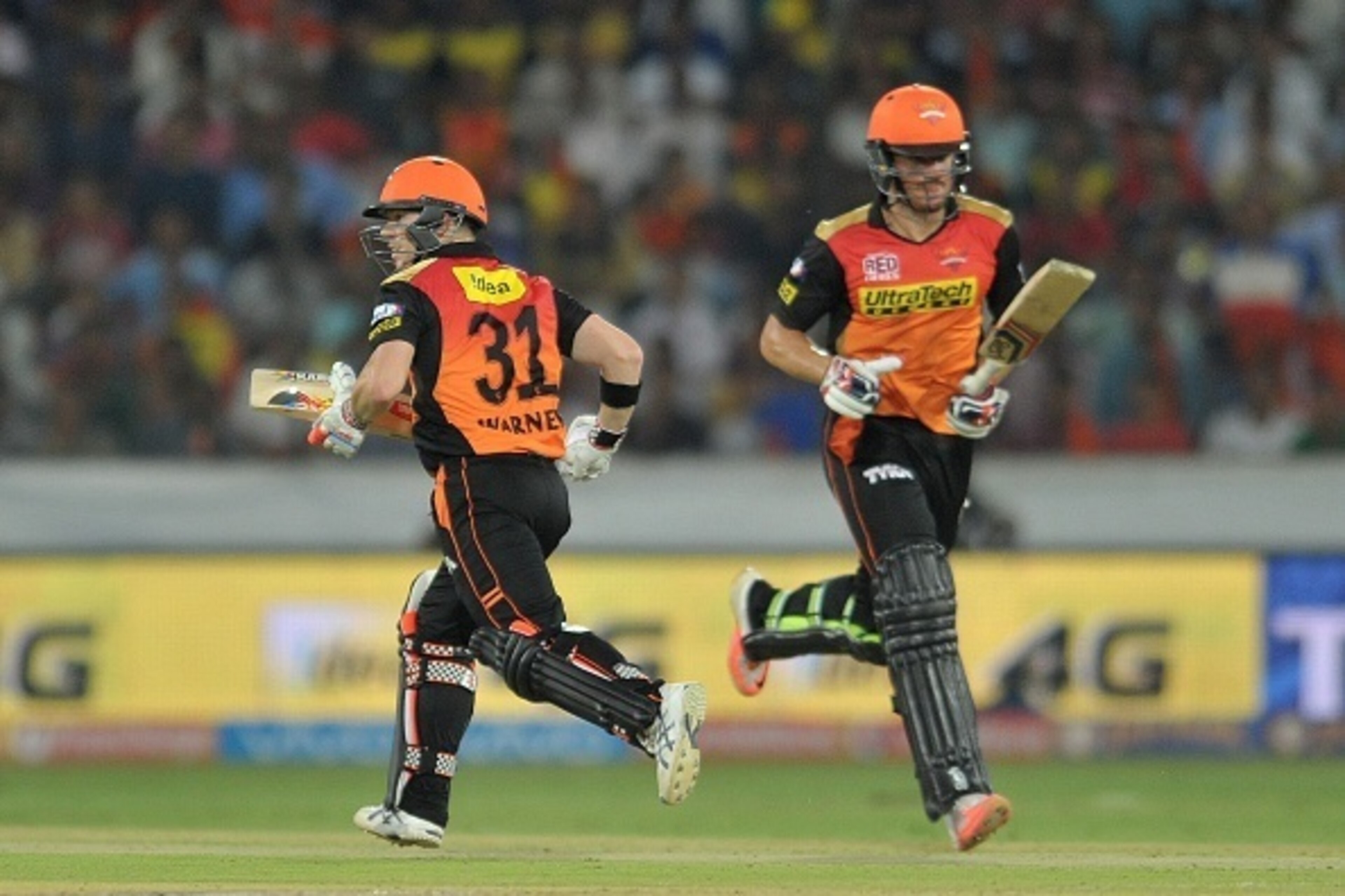 Sunrisers Hyderabad captain David Warner (L) and Moises Henriques run between the wickets during the 2016 Indian Premier League (IPL) Twenty20 cricket match between Sunrisers Hyderabad and Mumbai Indians at The Rajiv Gandhi International Stadium in Hydera Sunrisers Hyderabad captain David Warner (L) and Moises Henriques run between the wickets during the 2016 Indian Premier League (IPL) Twenty20 cricket match between Sunrisers Hyderabad and Mumbai Indians at The Rajiv Gandhi International Stadium in Hydera