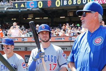 SAN FRANCISCO, CA - August 27: Kris Bryant #17 and Manager Joe Maddon #70 of the Chicago Cubs stand in the dugout prior to the game against the San Francisco Giants at AT&T Park on August 27, 2015 in San Francisco, California. The Giants defeated the Cubs