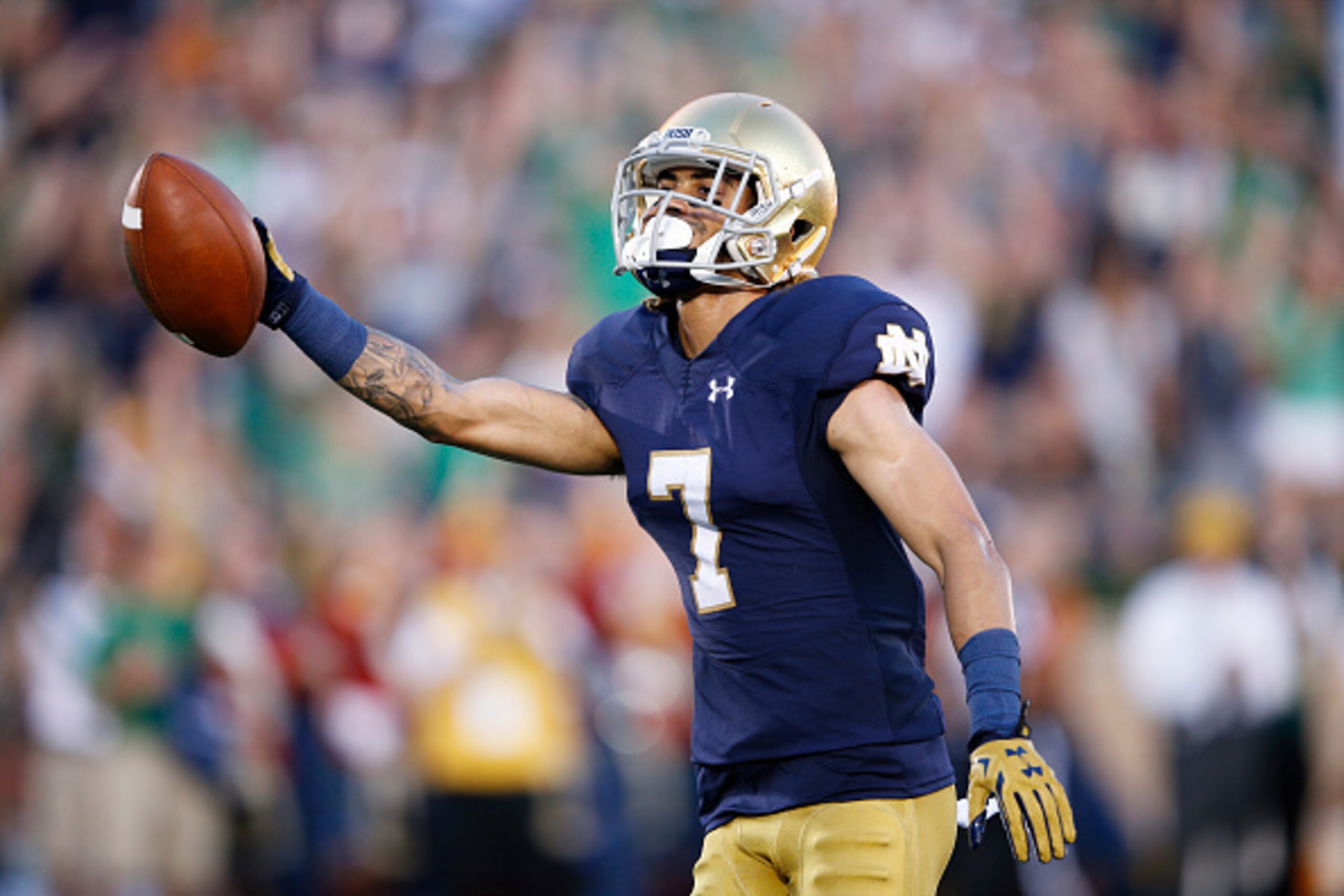 SOUTH BEND, IN - SEPTEMBER 5: Will Fuller #7 of the Notre Dame Fighting Irish celebrates after a 16-yard touchdown reception during a game against the Texas Longhorns at Notre Dame Stadium on September 5, 2015 in South Bend, Indiana. Notre Dame defeated T