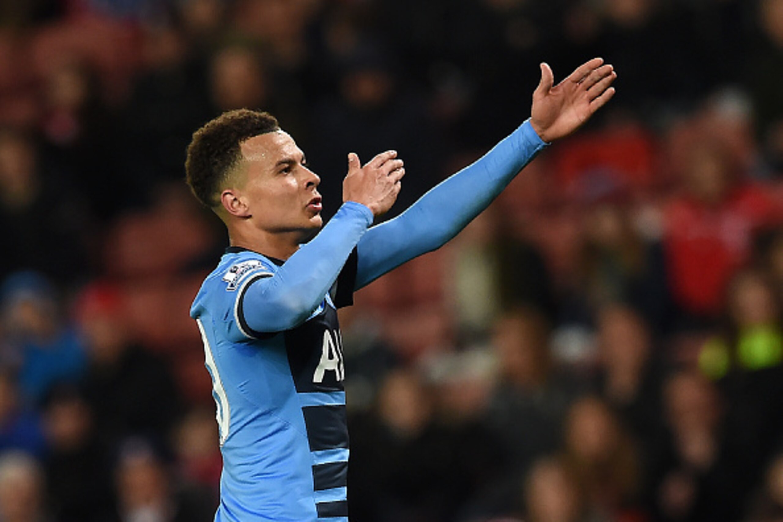 Tottenham Hotspur's English midfielder Dele Alli celebrates after scoring his team's second goal during the English Premier League football match between Stoke City and Tottenham Hotspur at the Britannia Stadium in Stoke-on-Trent, central England on April