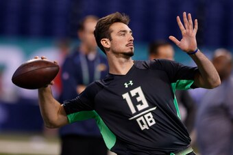 Feb 27, 2016; Indianapolis, IN, USA; Memphis Tigers quarterback Paxton Lynch throws  a pass during the 2016 NFL Scouting Combine at Lucas Oil Stadium. Mandatory Credit: Brian Spurlock-USA TODAY Sports