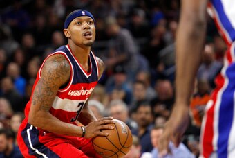 Apr 8, 2016; Auburn Hills, MI, USA; Washington Wizards guard Bradley Beal (3) looks to take the shot during the first quarter against the Detroit Pistons at The Palace of Auburn Hills. Mandatory Credit: Raj Mehta-USA TODAY Sports