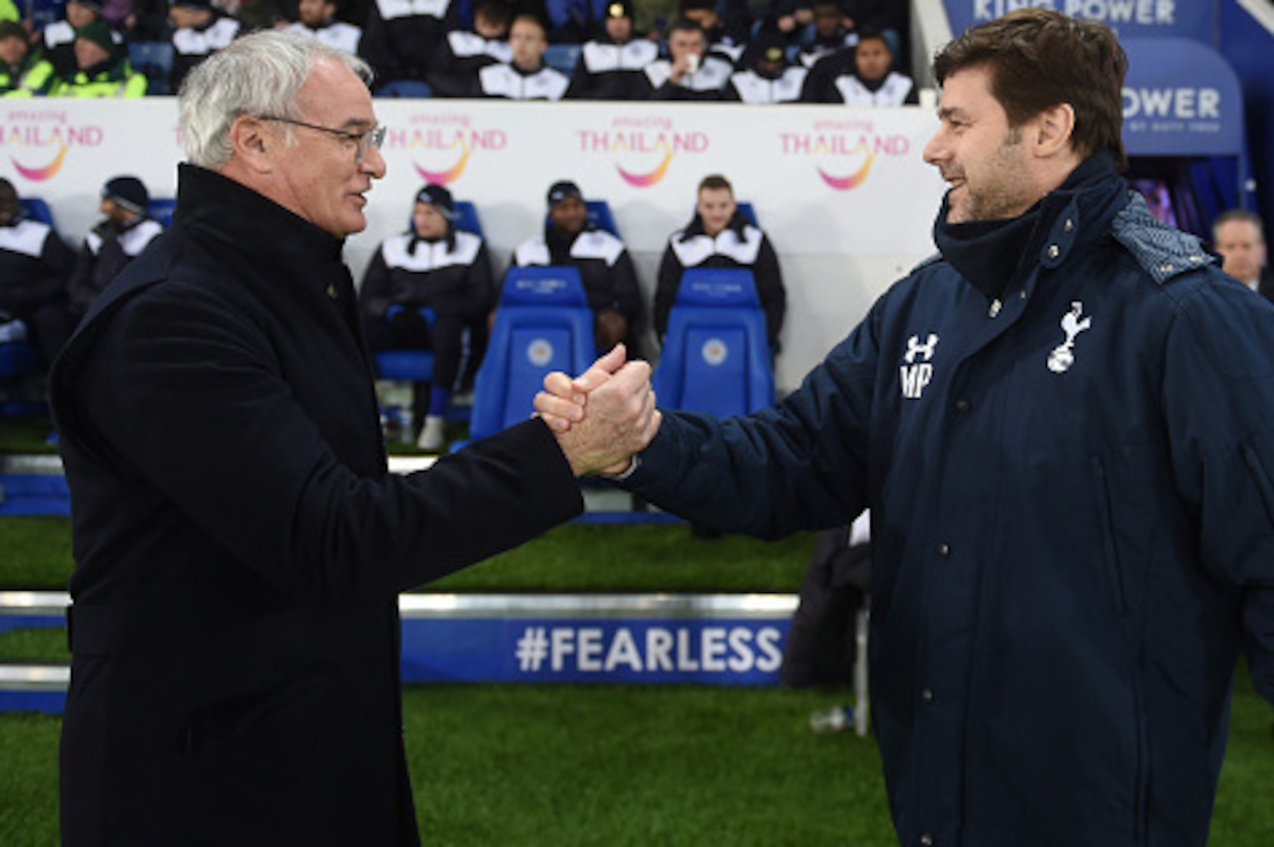 LEICESTER, ENGLAND - JANUARY 20:  Claudio Ranieri the manager of Leicester City greets Mauricio Pochettino the manager of Spurs prior to kickoff during the Emirates FA Cup Third Round Replay match between Leicester City and Tottenham Hotspur at The King P