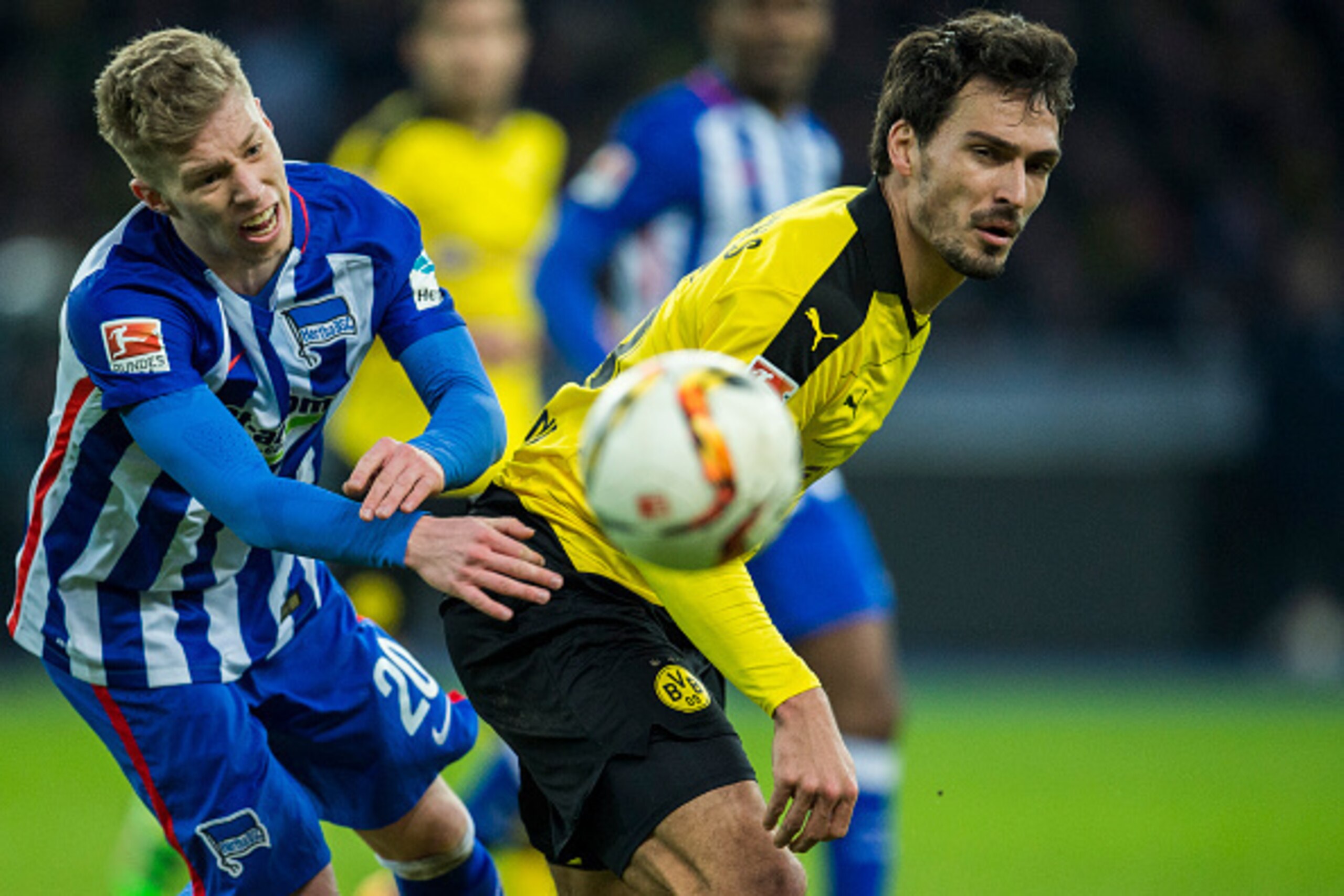 Dortmund's defender Mats Hummels (R) and Hertha Berlins midfielder midfielder Mitchell Weiser vie for the ball vie for the ball during the German first division Bundesliga football match, Hertha Berlin v Borussia Dortmund, at the Olympic stadium in Berlin Dortmund's defender Mats Hummels (R) and Hertha Berlins midfielder midfielder Mitchell Weiser vie for the ball vie for the ball during the German first division Bundesliga football match, Hertha Berlin v Borussia Dortmund, at the Olympic stadium in Berlin
