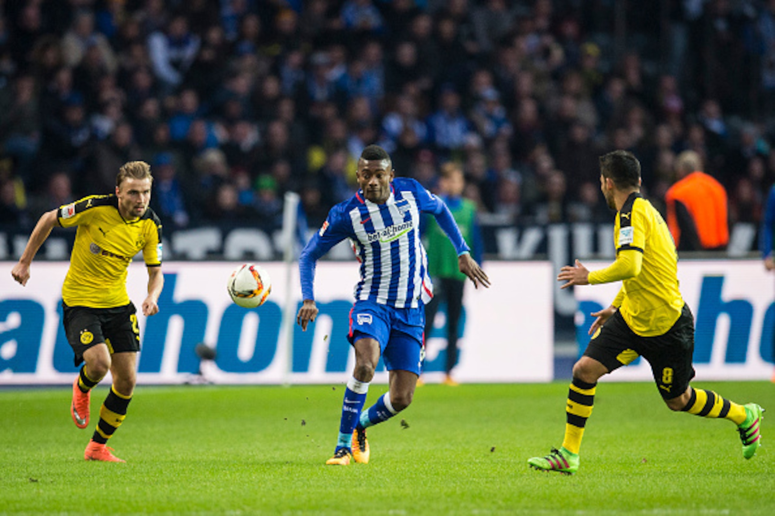 Hertha's forward from Ivory Coast Salomon Kalou (C ) is challenged by Dortmund's defender Marcel Schmelzer (L)and Dortmund's midfielder Ilkay Guendogan (R ) during the German first division Bundesliga football match, Hertha Berlin v Borussia Dortmund, at Hertha's forward from Ivory Coast Salomon Kalou (C ) is challenged by Dortmund's defender Marcel Schmelzer (L)and Dortmund's midfielder Ilkay Guendogan (R ) during the German first division Bundesliga football match, Hertha Berlin v Borussia Dortmund, at