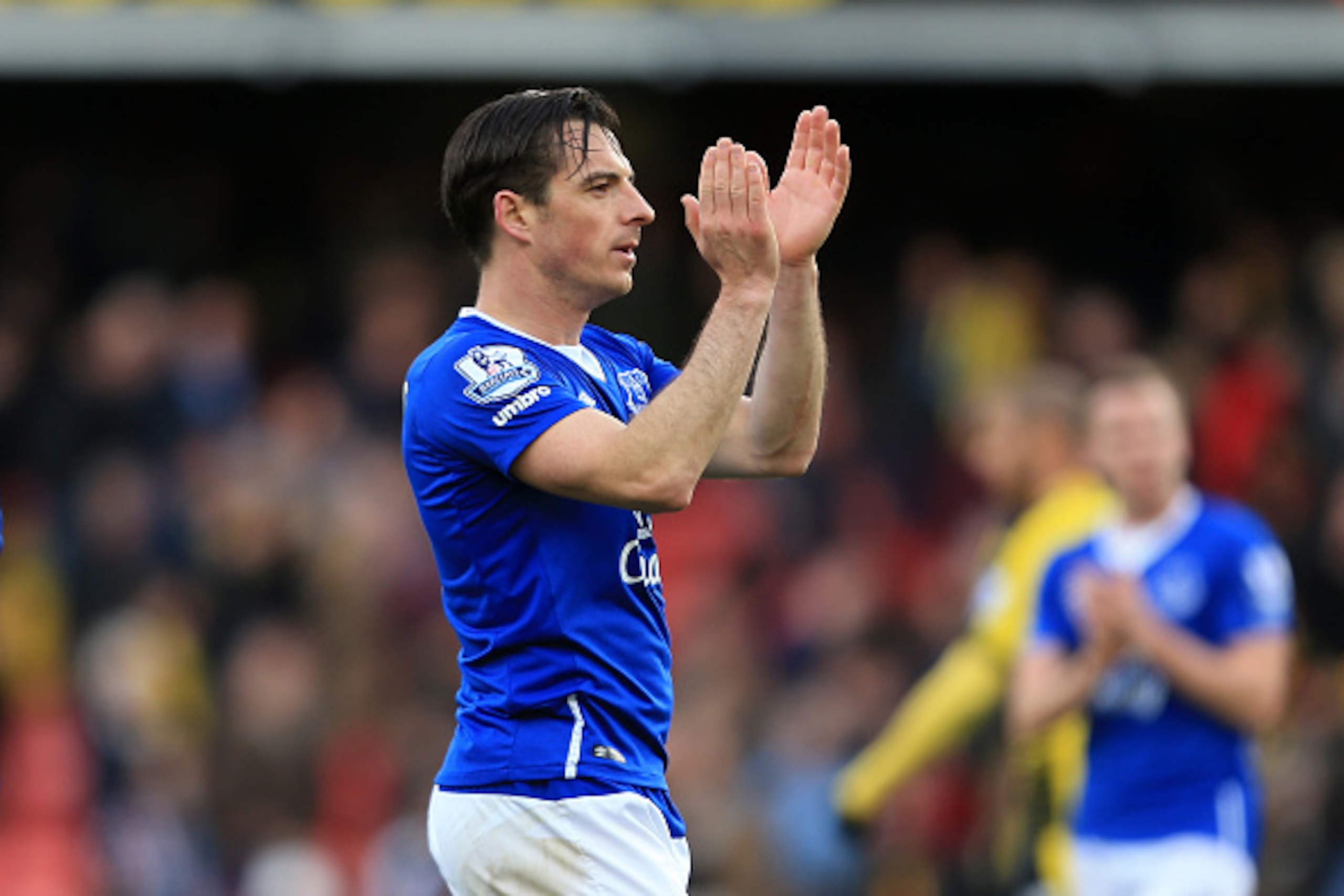 WATFORD, UNITED KINGDOM - APRIL 09:  Leighton Baines of Everton applauds aways supporters after his team's 1-1 draw in the Barclays Premier League match between Watford and Everton at Vicarage Road on April 9, 2016 in Watford, England.  (Photo by Stephen 