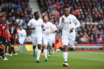 BOURNEMOUTH, ENGLAND - APRIL 17:  Daniel Sturridge of Liverpool celebrates  after scoring his team's second goal of the game during the Barclays Premier League match between A.F.C. Bournemouth and Liverpool at the Vitality Stadium on April 17, 2016 in Bou