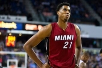 Apr 1, 2016; Sacramento, CA, USA;  Miami Heat center Hassan Whiteside (21) reacts during the game against the Sacramento Kings in the fourth quarter at Sleep Train Arena. Miami won 112-106. Mandatory Credit: John Hefti-USA TODAY Sports