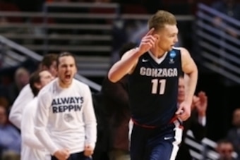 Mar 25, 2016; Chicago, IL, USA; Gonzaga Bulldogs forward Domantas Sabonis (11) reacts after making a basket against the Syracuse Orange during the second half in a semifinal game in the Midwest regional of the NCAA Tournament at United Center. Mandatory C