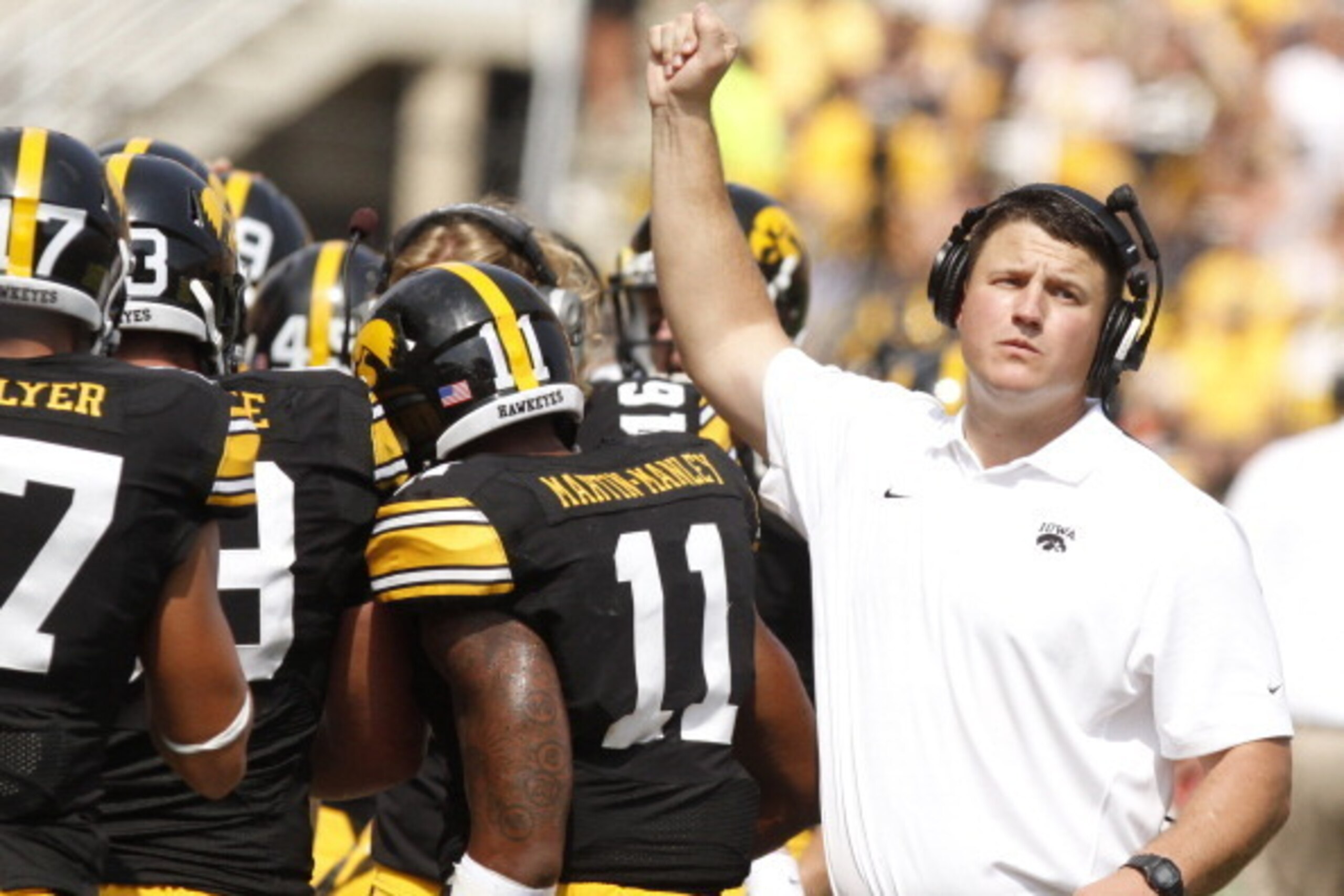 IOWA CITY, IOWA- SEPTEMBER 7:  Offensive line coach Brian Ferentz of the Iowa Hawkeyes walks the sidelines in the third quarter against the Missouri State Bears on September 7, 2013 at Kinnick Stadium in Iowa City, Iowa. Iowa won 28-14. (Photo by Matthew 