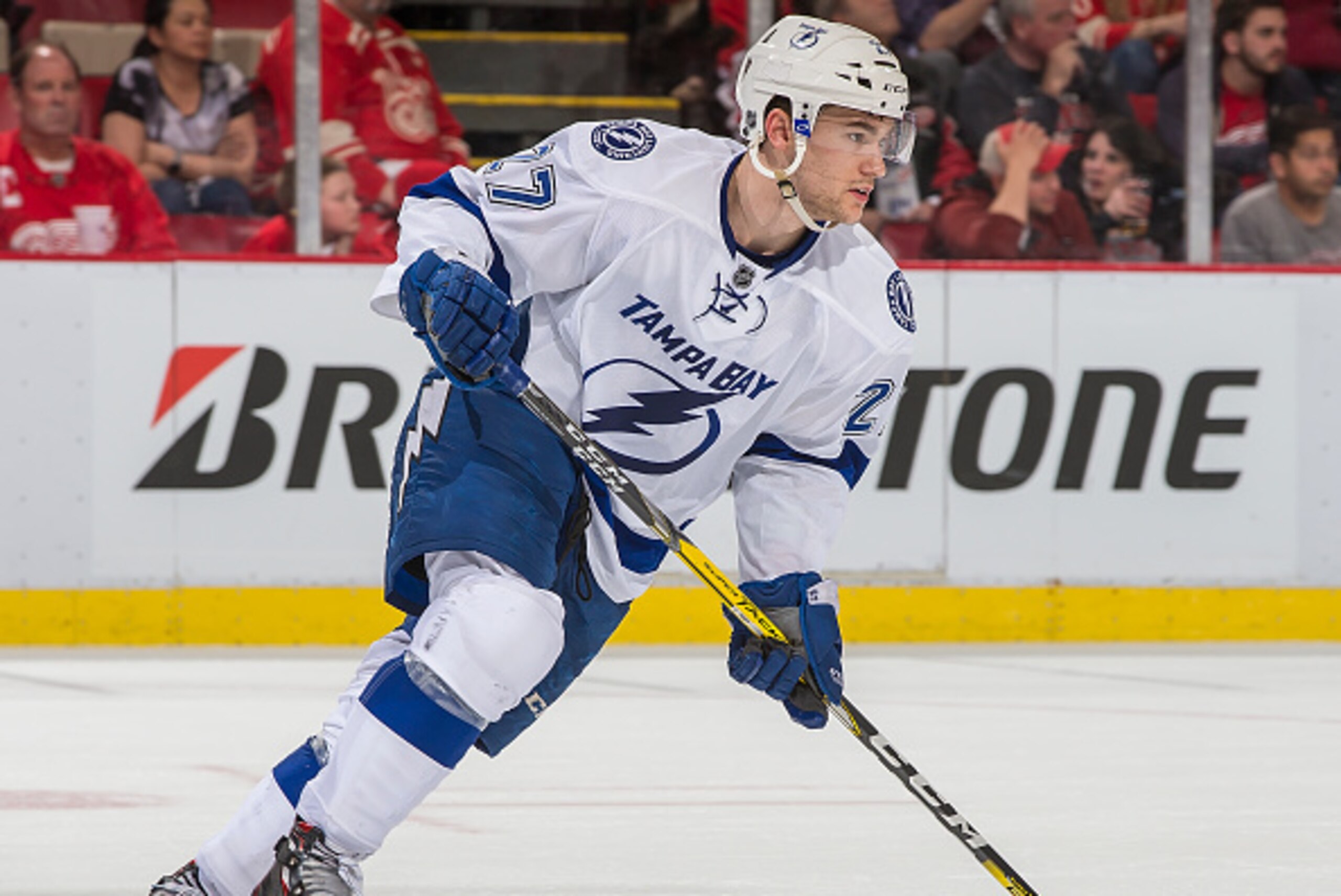 DETROIT, MI - APRIL 17: Jonathan Drouin #27 of the Tampa Bay Lightning turns up ice against the Detroit Red Wings during Game Three of the Eastern Conference Quarterfinals during the 2016 NHL Stanley Cup Playoffs on April 17, 2016 at Joe Louis Arena in De DETROIT, MI - APRIL 17: Jonathan Drouin #27 of the Tampa Bay Lightning turns up ice against the Detroit Red Wings during Game Three of the Eastern Conference Quarterfinals during the 2016 NHL Stanley Cup Playoffs on April 17, 2016 at Joe Louis Arena in De