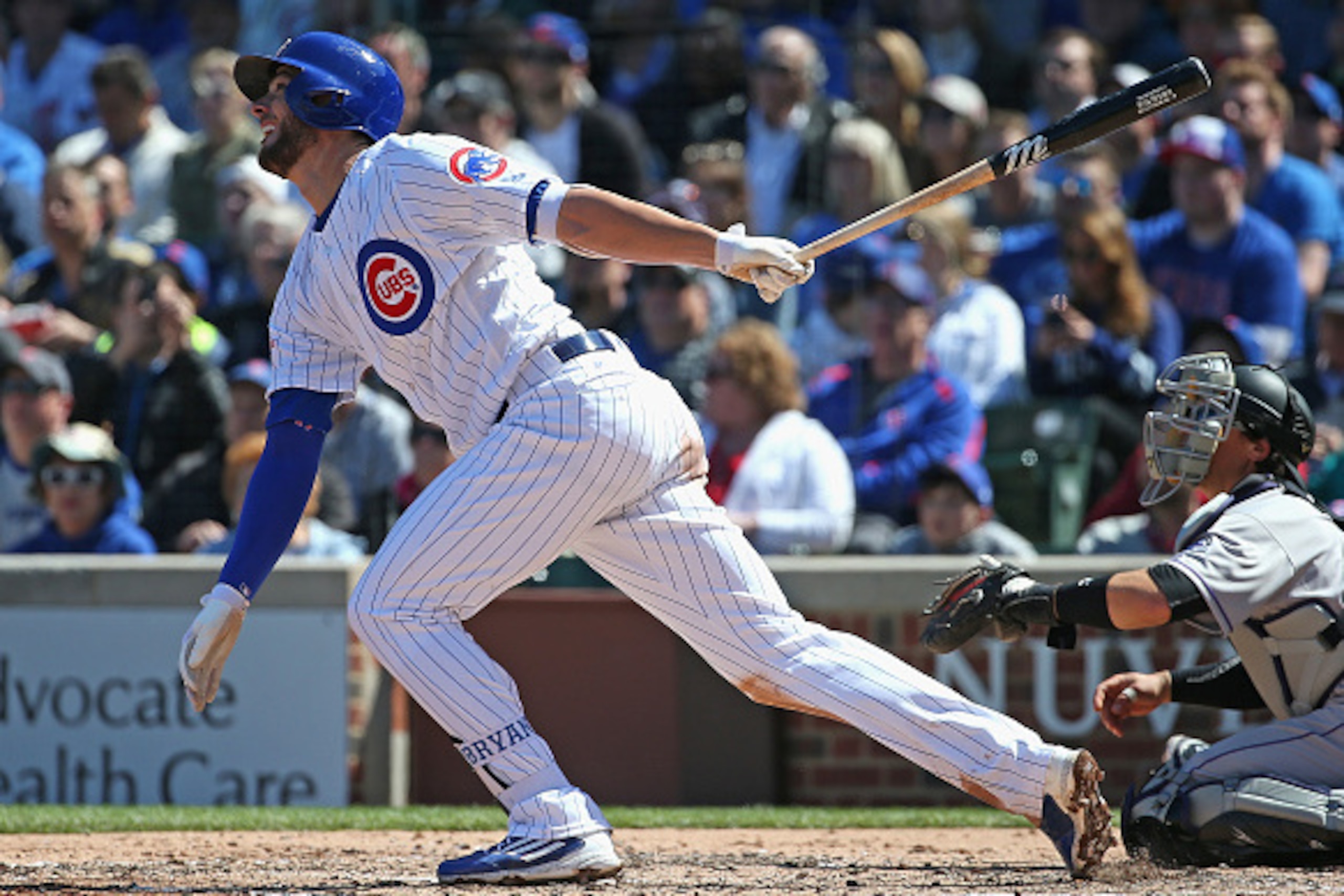 CHICAGO, IL - APRIL 15:  Kris Bryant of the Chicago Cubs bats against the Colorado Rockies at Wrigley Field on April 15, 2016 in Chicago, Illinois. All players are wearing #42 in honor of Jackie Robinson Day. The Rockies defeated the Cubs 6-1.  (Photo by 