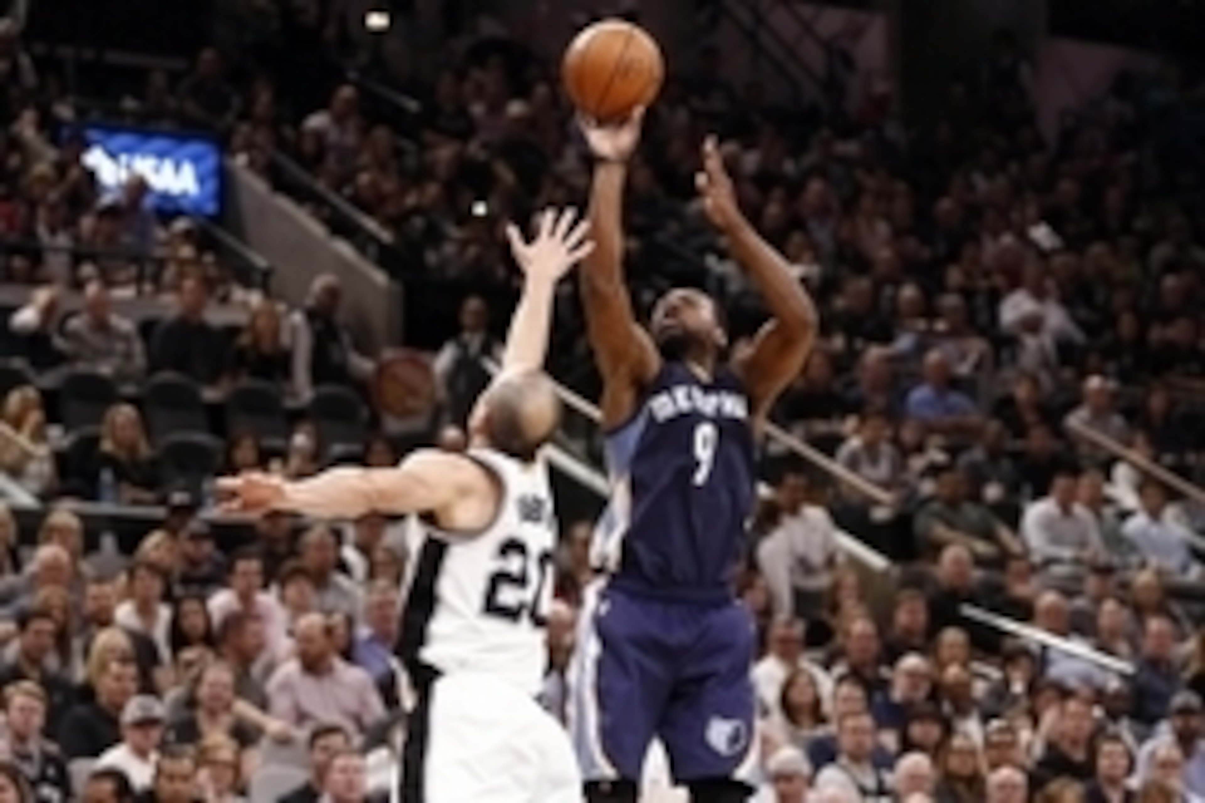 Apr 19, 2016; San Antonio, TX, USA; Memphis Grizzlies shooting guard Tony Allen (9) shoots the ball over San Antonio Spurs shooting guard Manu Ginobili (20) in game two of the first round of the NBA Playoffs at AT&T Center. Mandatory Credit: Soobum Im-USA Apr 19, 2016; San Antonio, TX, USA; Memphis Grizzlies shooting guard Tony Allen (9) shoots the ball over San Antonio Spurs shooting guard Manu Ginobili (20) in game two of the first round of the NBA Playoffs at AT&T Center. Mandatory Credit: Soobum Im-USA