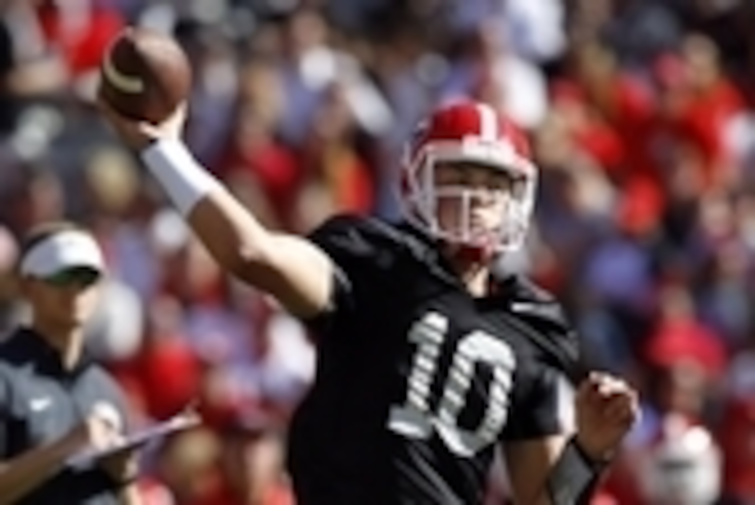 Apr 16, 2016; Athens, GA, USA; Georgia Bulldogs quarterback Jacob Eason (10) throws a pass during the first half of the spring game at Sanford Stadium. Mandatory Credit: Brett Davis-USA TODAY Sports