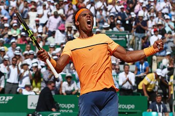 MONTE-CARLO, MONACO - APRIL 16:  Rafael Nadal of Spain celebrates match point in his 2-6,6-4,6-2 victory during his semi-final match against Andy Murray of Great Britain during the Monte Carlo Rolex Masters at Monte-Carlo Sporting Club on April 16, 2016 i