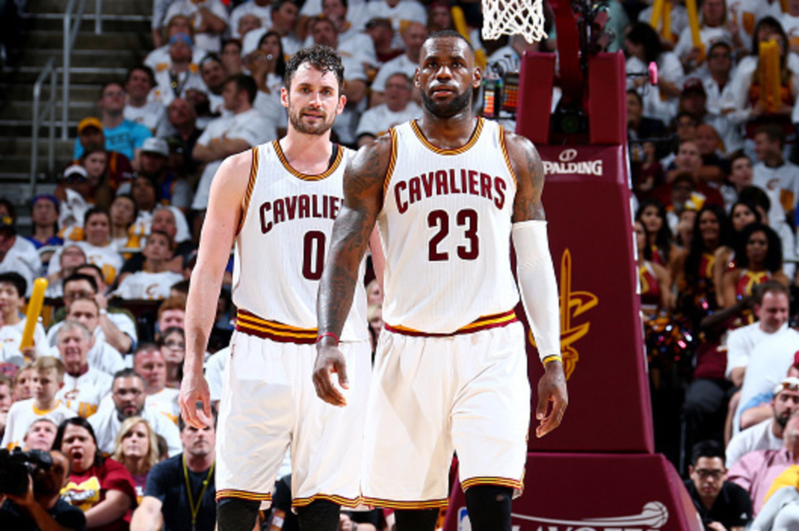 CLEVELAND, OH  - APRIL 17: LeBron James #23 and Kevin Love #0 of the Cleveland Cavaliers during Round One of the 2015 NBA Playoffs against the Detroit Pistons on April 17, 2016 at Quicken Loans Arena in Cleveland, Ohio. NOTE TO USER: User expressly acknow