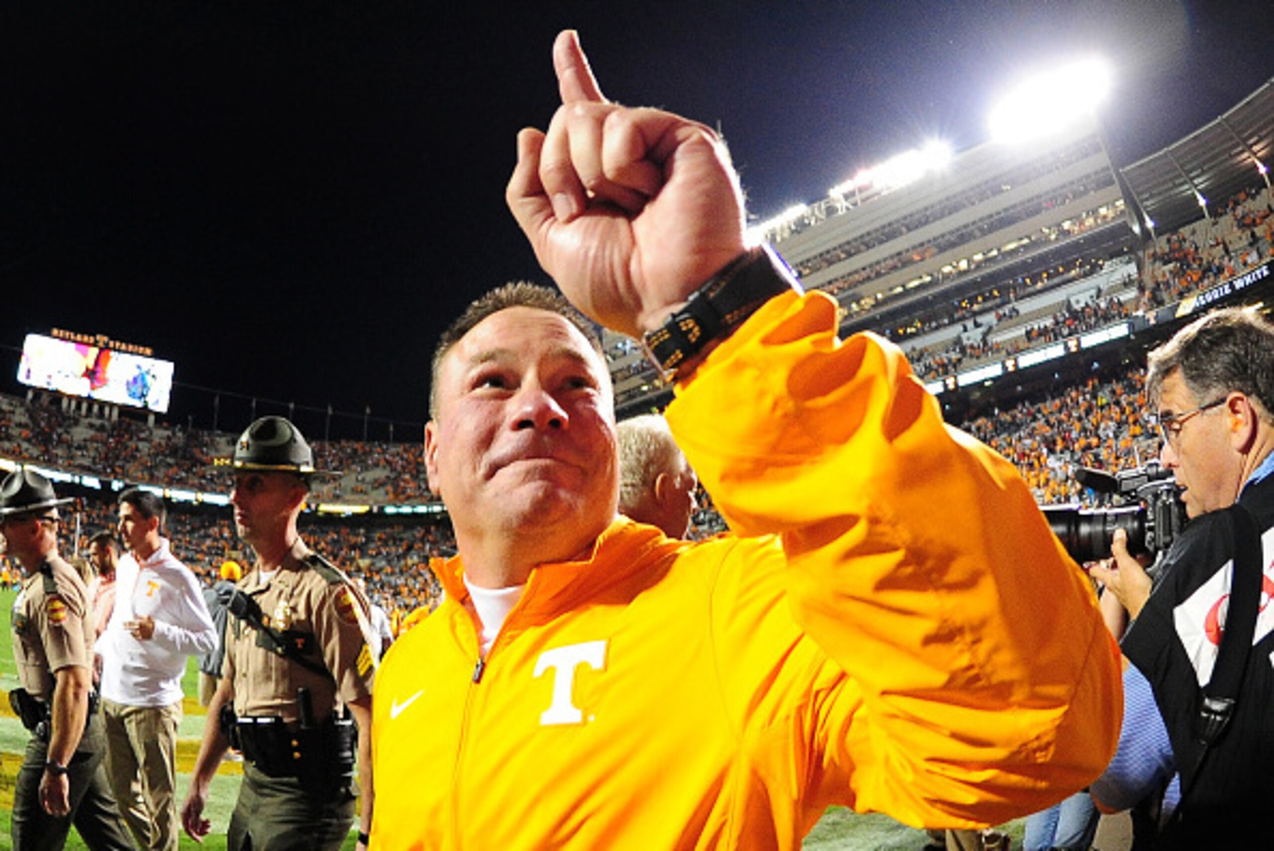 KNOXVILLE, TN - OCTOBER 10: Head Coach Butch Jones of the Tennessee Volunteers celebrates after the game against the Georgia Bulldogs on October 10, 2015 at Neyland Stadium in Knoxville, Tennessee. (Photo by Scott Cunningham/Getty Images)