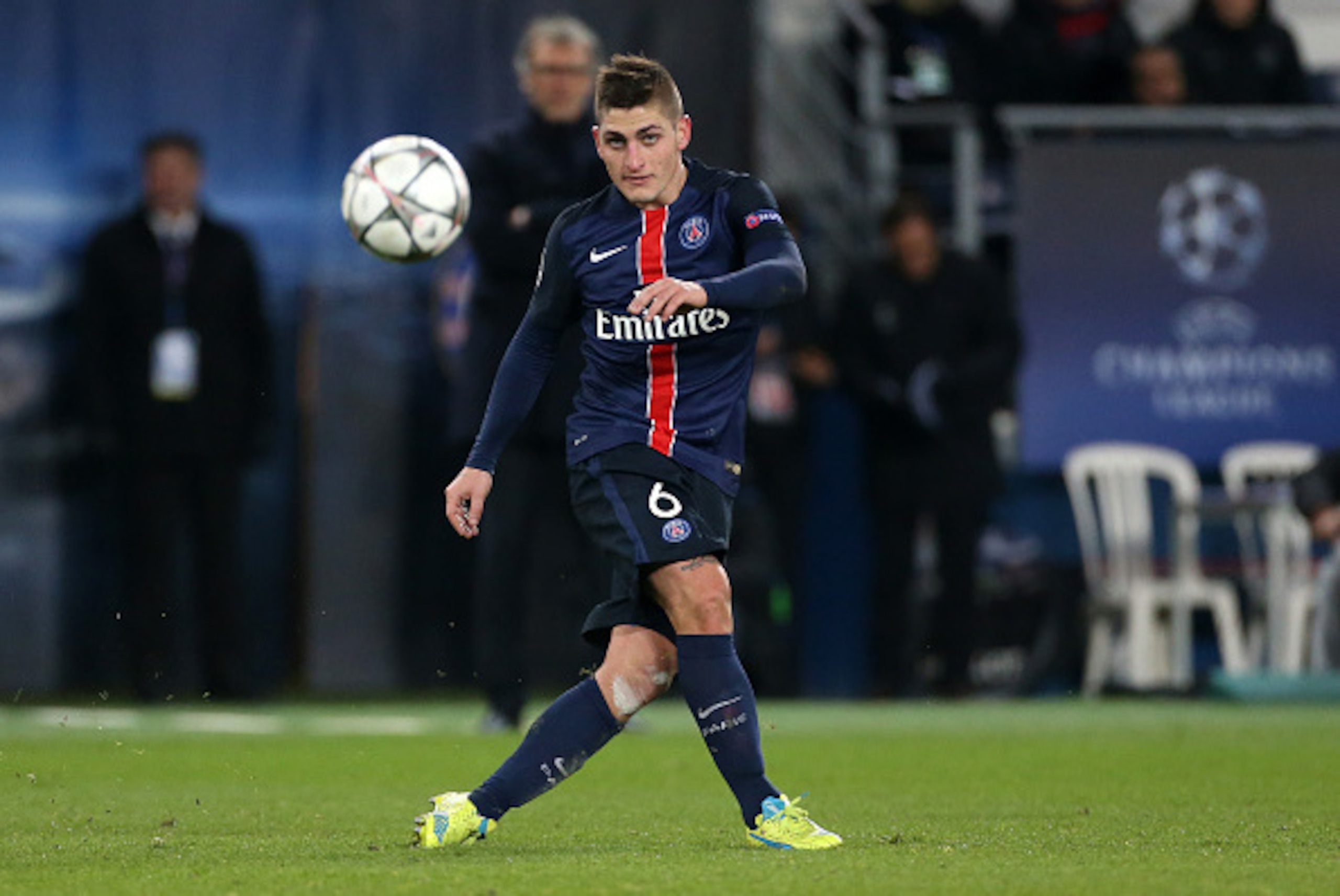PARIS - FEBRUARY 16: Marco Verratti of PSG in action during the UEFA Champions League round of 16 first leg match between Paris Saint-Germain (PSG) and Chelsea FC at Parc des Princes stadium on February 16, 2016 in Paris, France. (Photo by Jean Catuffe/Ge