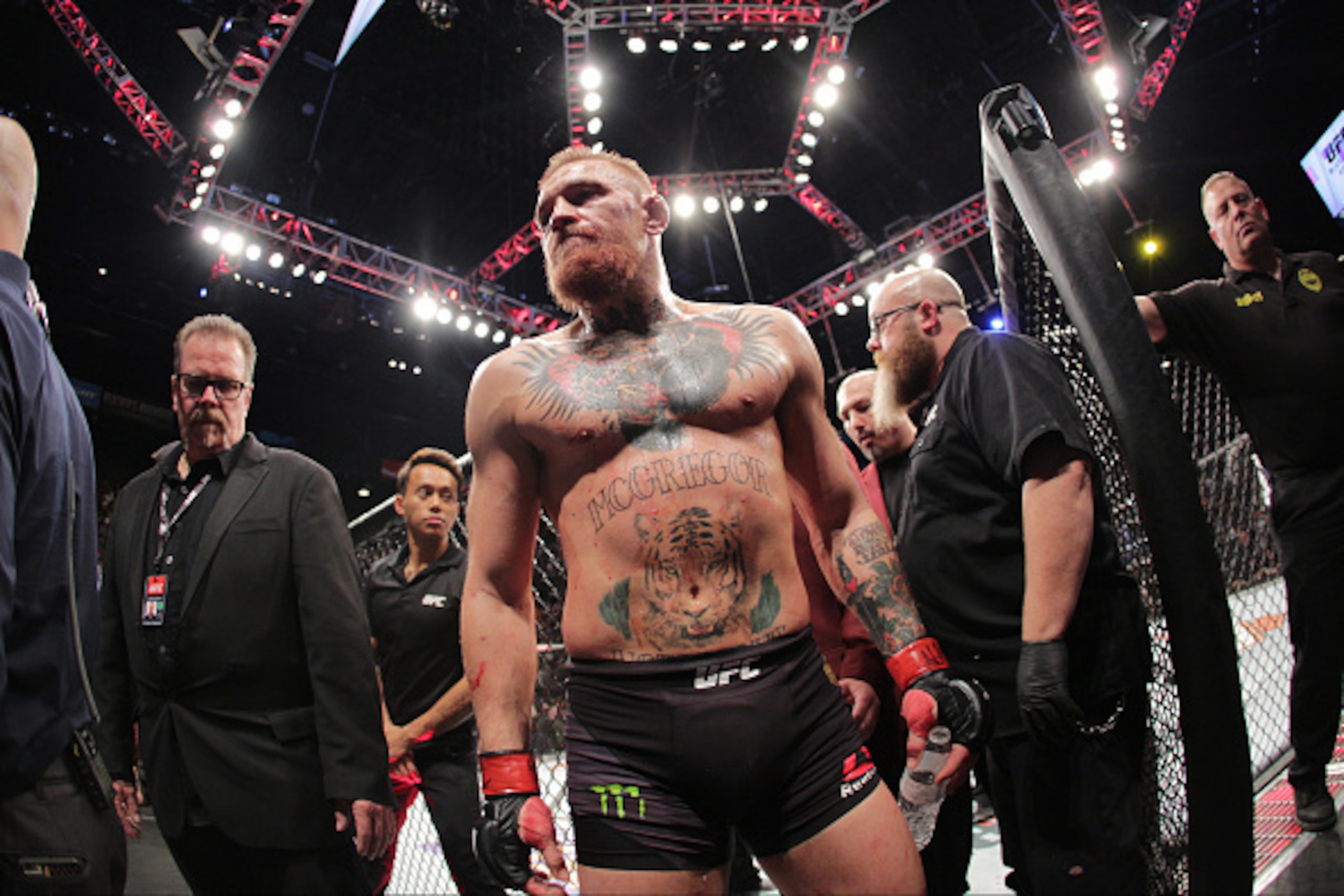 LAS VEGAS, NV - MARCH 5:  Conor McGregor exits the Octagon after his fight against Nate Diaz in their welterweight bout during the UFC 196 at the MGM Grand Garden Arena on March 5, 2016 in Las Vegas, Nevada. (Photo by Rey Del Rio/Getty Images)