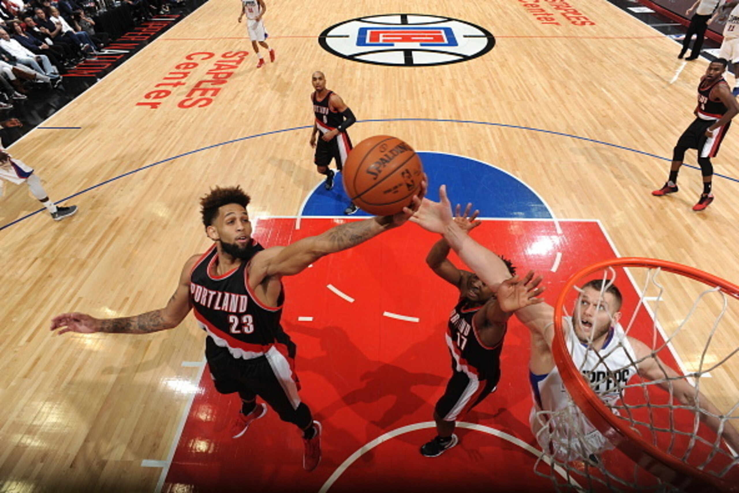 LOS ANGELES, CA - APRIL 17: Allen Crabbe #23 of the Portland Trail Blazers grabs the rebound against the Los Angeles Clippers in Game One of the Western Conference Quarterfinals during the 2016 NBA Playoffs on April 17, 2016 at STAPLES Center in Los Ange LOS ANGELES, CA - APRIL 17: Allen Crabbe #23 of the Portland Trail Blazers grabs the rebound against the Los Angeles Clippers in Game One of the Western Conference Quarterfinals during the 2016 NBA Playoffs on April 17, 2016 at STAPLES Center in Los Ange