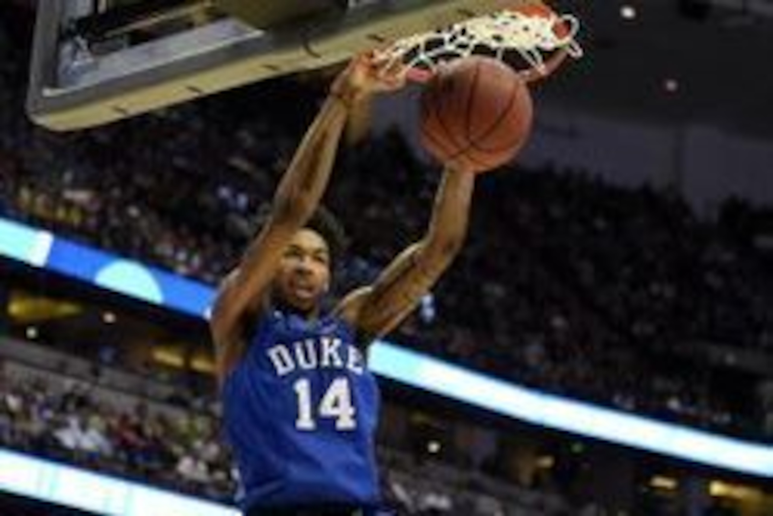 March 24, 2016; Anaheim, CA, USA; Duke Blue Devils guard Brandon Ingram (14) dunks to score a basket against Oregon Ducks during the second half  of the semifinal game in the West regional of the NCAA Tournament at Honda Center. Mandatory Credit: Richard 
