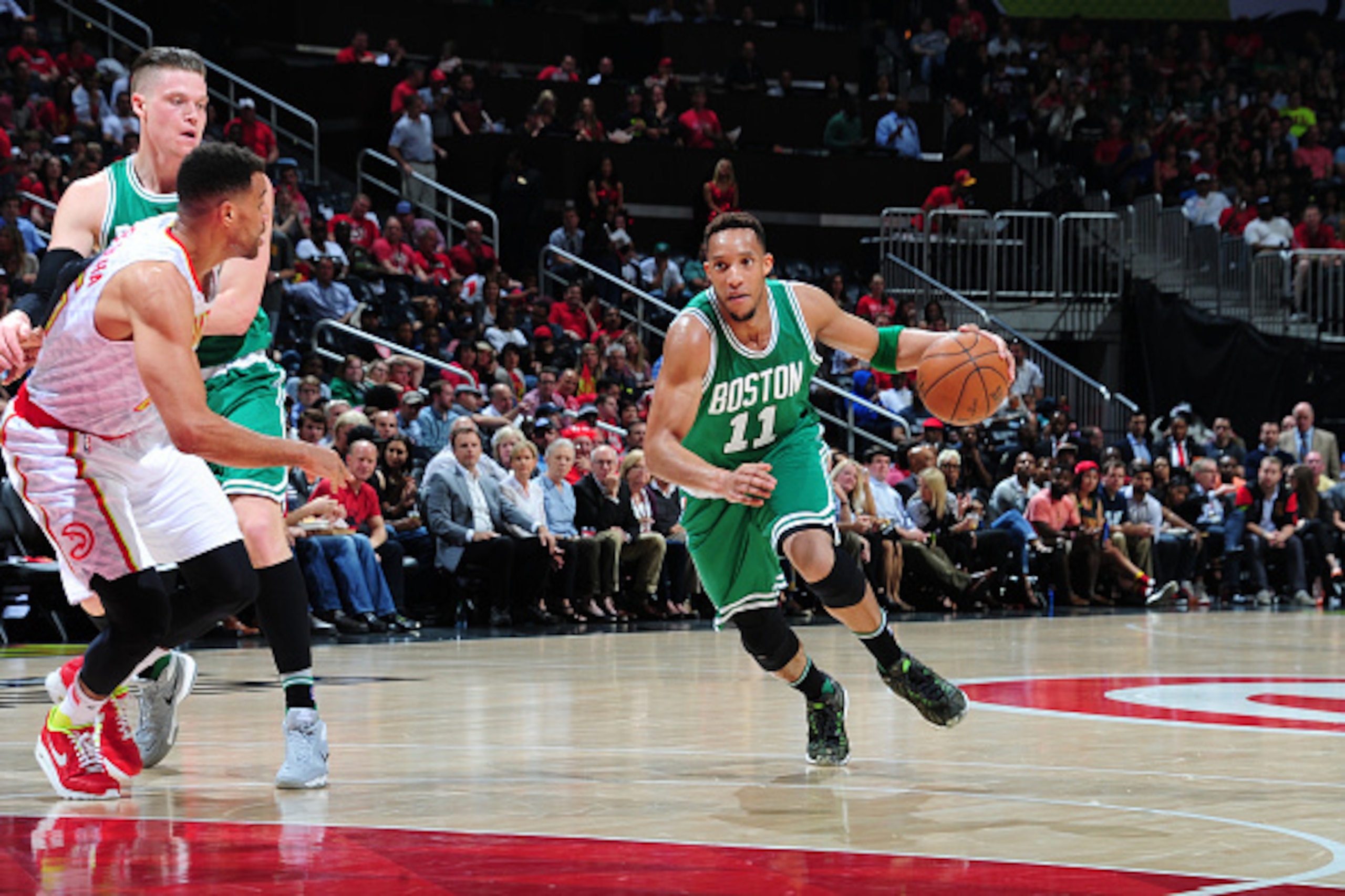 ATLANTA, GA - APRIL 19: Evan Turner #11 of the Boston Celtics drives to the basket against the Atlanta Hawks in Game Two of the Eastern Conference Quarterfinals during the 2016 NBA Playoffs on April 19, 2016 at Philips Arena in Atlanta, Georgia. NOTE TO ATLANTA, GA - APRIL 19: Evan Turner #11 of the Boston Celtics drives to the basket against the Atlanta Hawks in Game Two of the Eastern Conference Quarterfinals during the 2016 NBA Playoffs on April 19, 2016 at Philips Arena in Atlanta, Georgia. NOTE TO