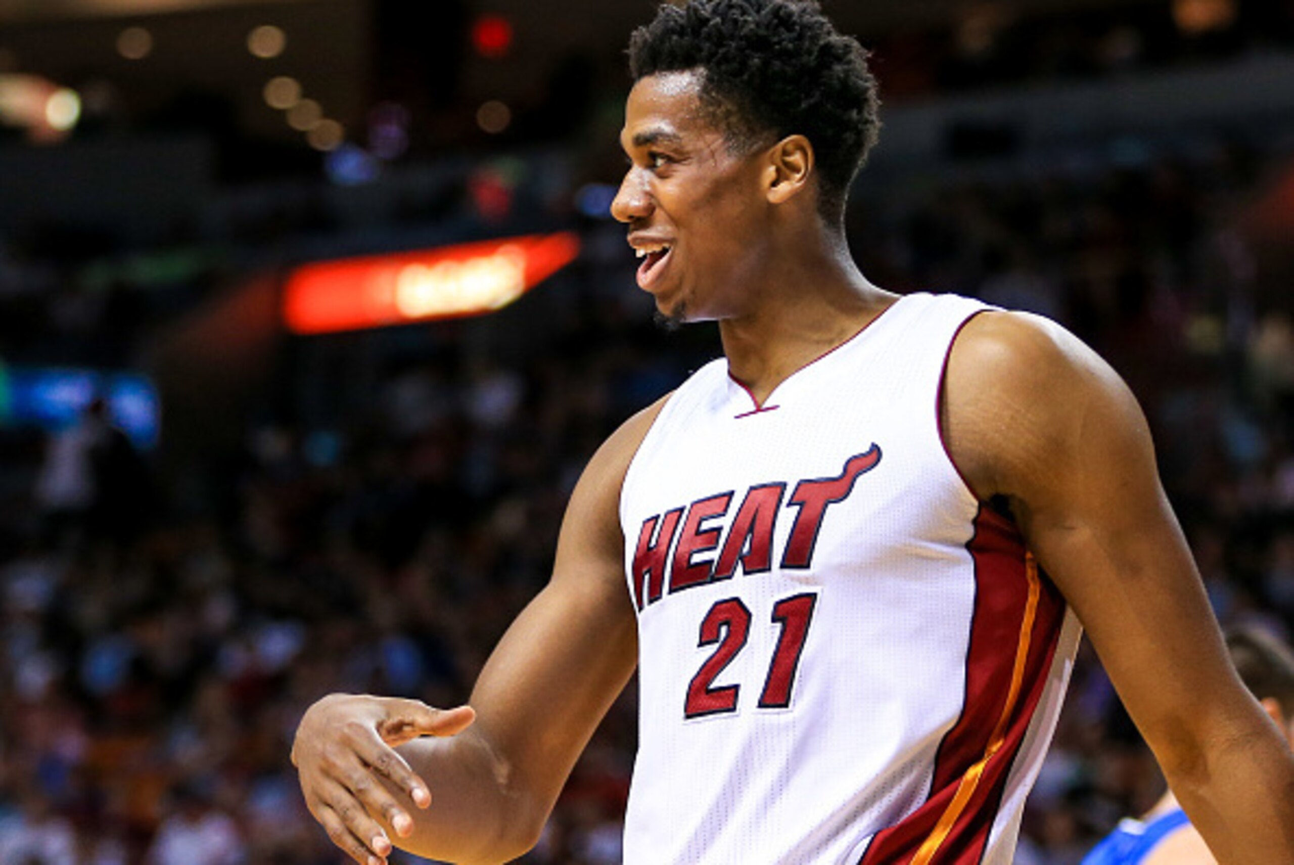 MIAMI, FLORIDA - APRIL 10: Hassan Whiteside #21 of the Miami Heat reacts during the game against the Orlando Magic at the American Airlines Arena on April 10, 2016 in Miami, Florida. NOTE TO USER: User expressly acknowledges and agrees that, by downloadin