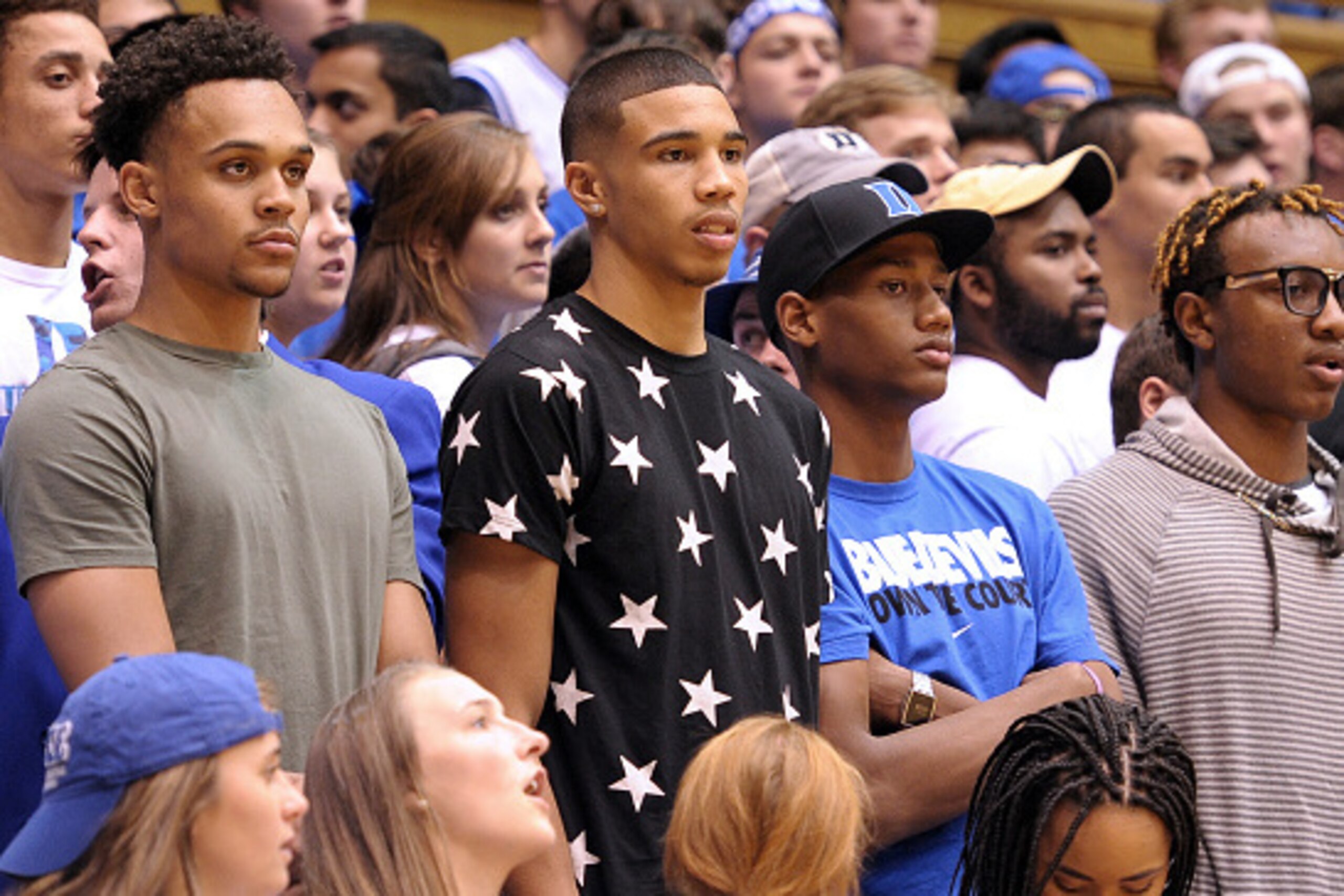 DURHAM, NC - OCTOBER 17: High school basketball players (L-R) Gary Trent Jr. (Apple Valley High School, Apple Valley, MN), Jayson Tatum (Chaminade College Prep, Saint Louis, MO), Javin DeLaurier (Saint Annes-Belfield High School, Charlottesville, VA) and 