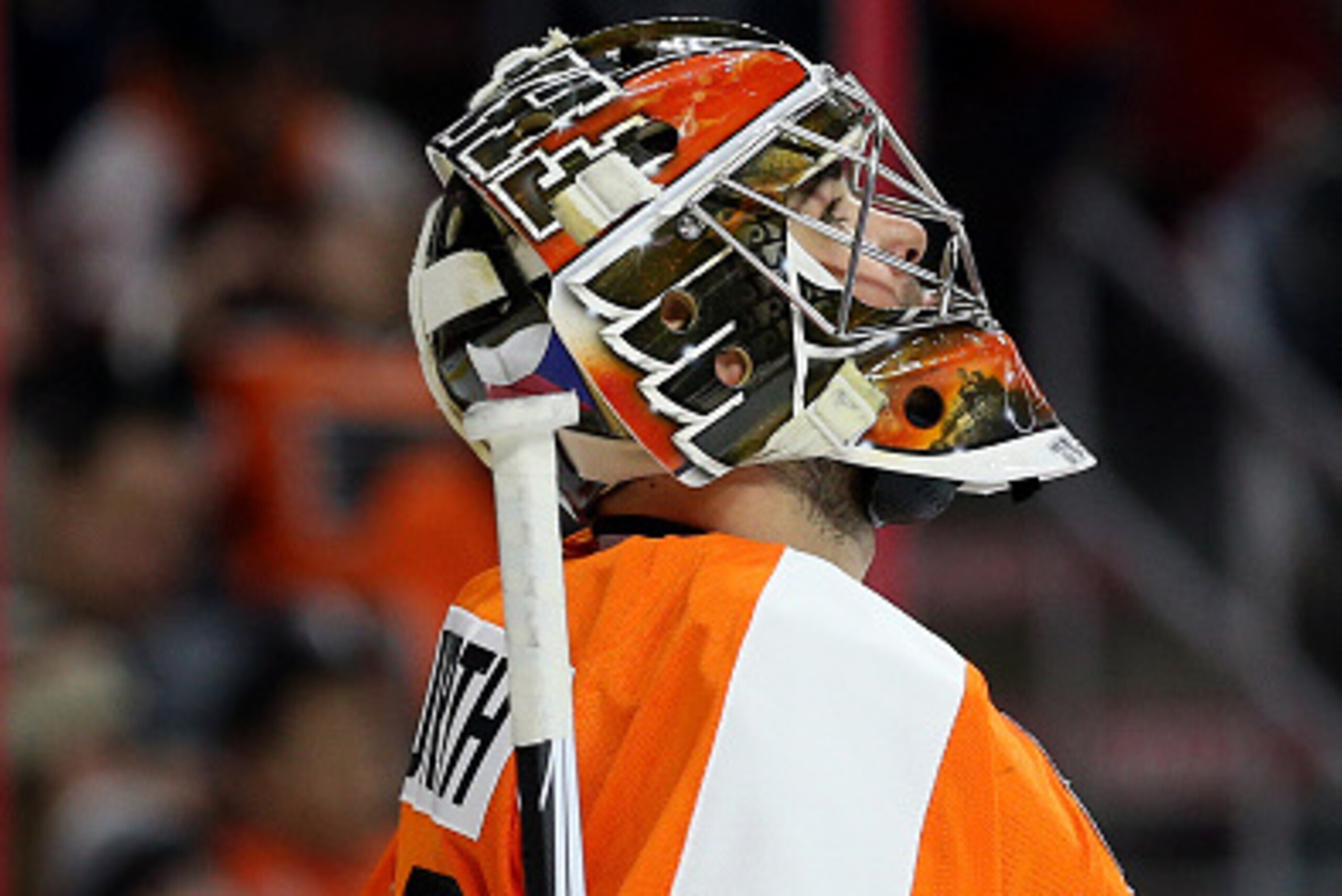 PHILADELPHIA, PA - FEBRUARY 29: Goalie Michal Neuvirth #30 of the Philadelphia Flyers looks on after allowing a goal against the Calgary Flames during the first period at Wells Fargo Center on February 29, 2016 in Philadelphia, Pennsylvania.(Photo by Patr