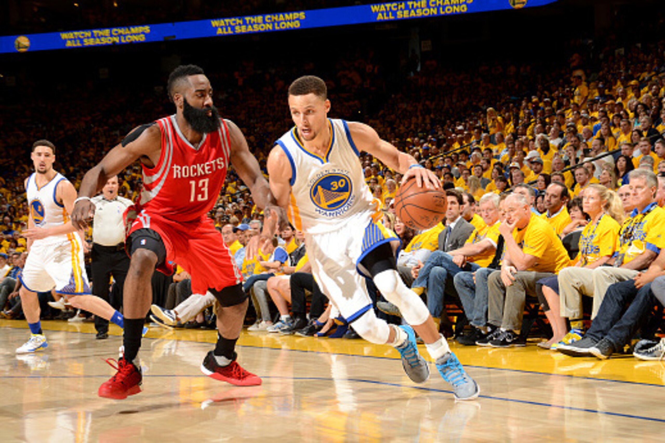 OAKLAND, CA - APRIL 16: Stephen Curry #30 of the Golden State Warriors handles the ball during the game against James Harden #13 of the Houston Rockets in Game One of the Western Conference Quarterfinals during the 2016 NBA Playoffs April 16, 2016 at ORAC