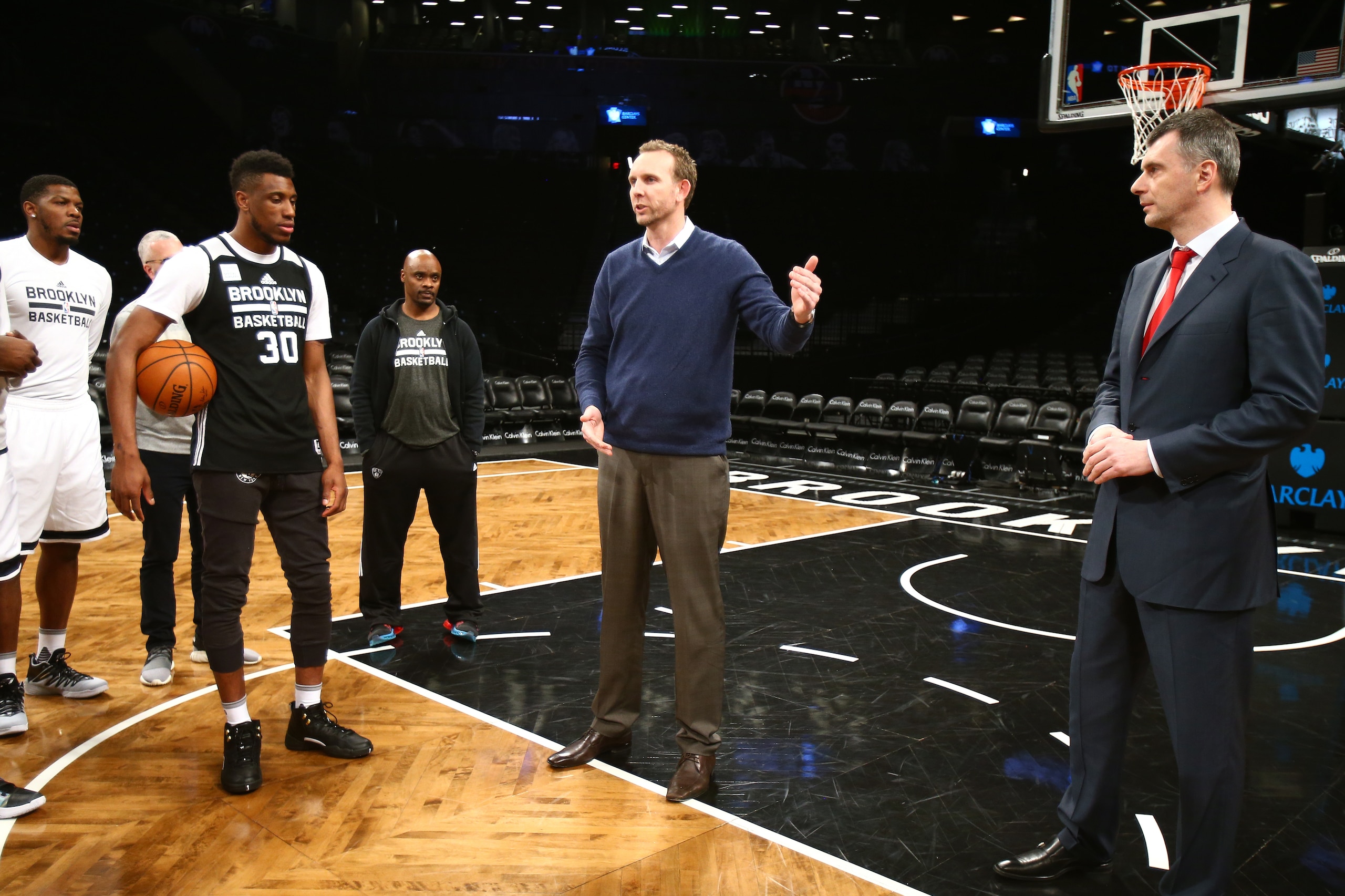 BROOKLYN, NY - FEBRUARY 19:  Brooklyn Nets owner Mikhail Prokhorov introduces new General Manager Sean Marks to the team before a game between the New York Knicks and the Brooklyn Nets on February 19, 2016 at Barclays Center in Brooklyn, NY. NOTE TO USER: