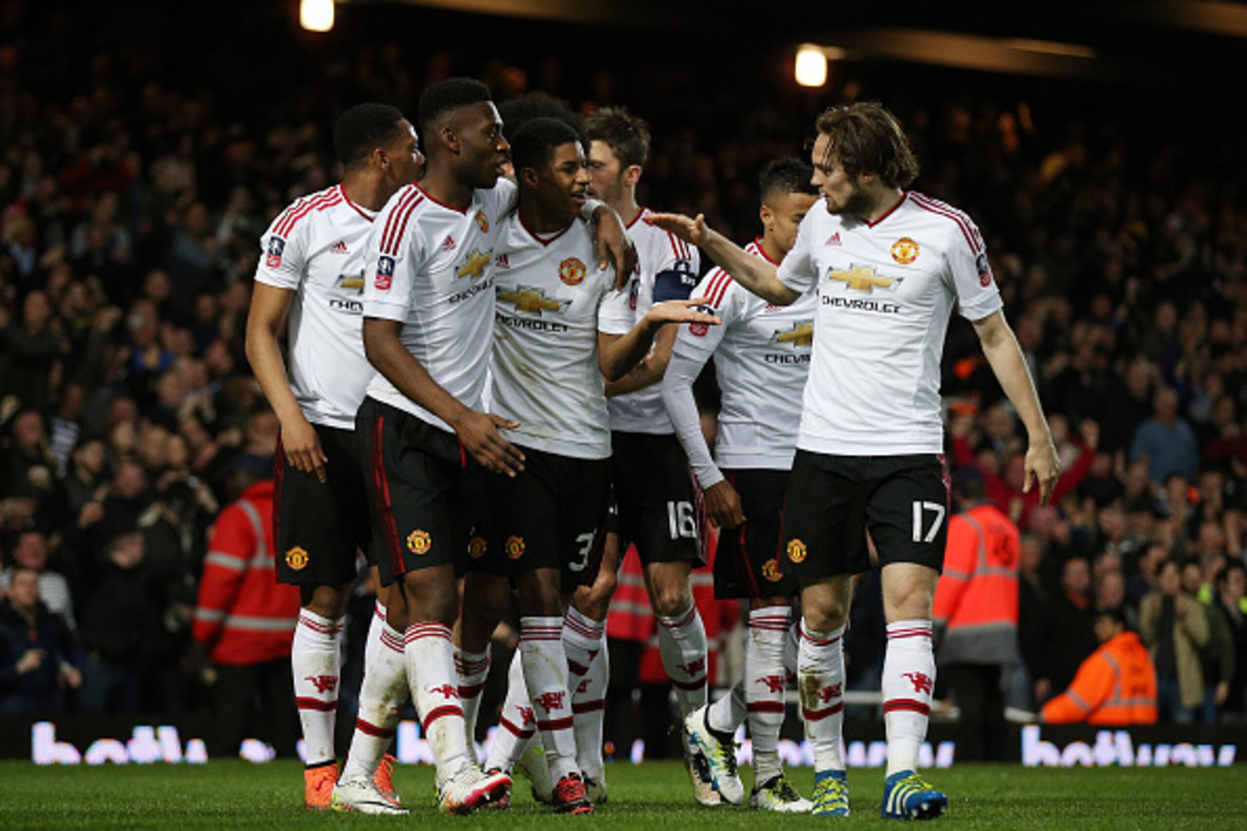 LONDON, ENGLAND - APRIL 13:  Marcus Rashford of Manchester United celebrates scoring the opening goal with team mates during The Emirates FA Cup, sixth round replay between West Ham United and Manchester United at the Boleyn Ground on April 13, 2016 in Lo
