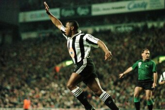 03 Apr 1996:  Les Ferdinand of Newcastle celebrates after scoring the equaliser against Liverpool during their FA Premiership game at Anfield in Liverpool, England. Mandatory Credit: Ross Kinnaird/Allsport