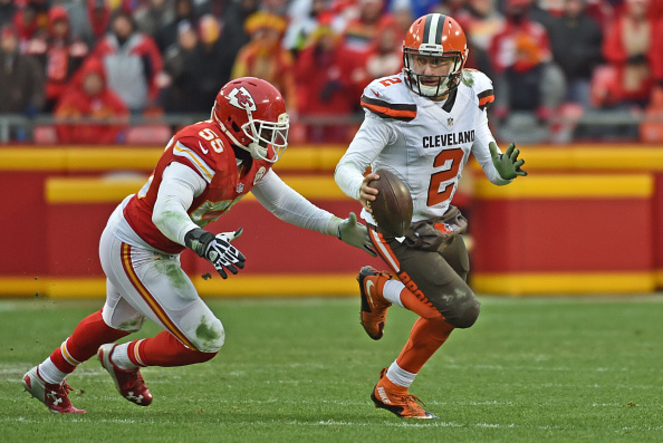 KANSAS CITY, MO - DECEMBER 27: Quarterback Johnny Manziel #2 of the Cleveland Browns rushes up field against linebacker Dee Ford #55 of the Kansas City Chiefs during the second half on December 27, 2015 at Arrowhead Stadium in Kansas City, Missouri. (Ph KANSAS CITY, MO - DECEMBER 27: Quarterback Johnny Manziel #2 of the Cleveland Browns rushes up field against linebacker Dee Ford #55 of the Kansas City Chiefs during the second half on December 27, 2015 at Arrowhead Stadium in Kansas City, Missouri. (Ph